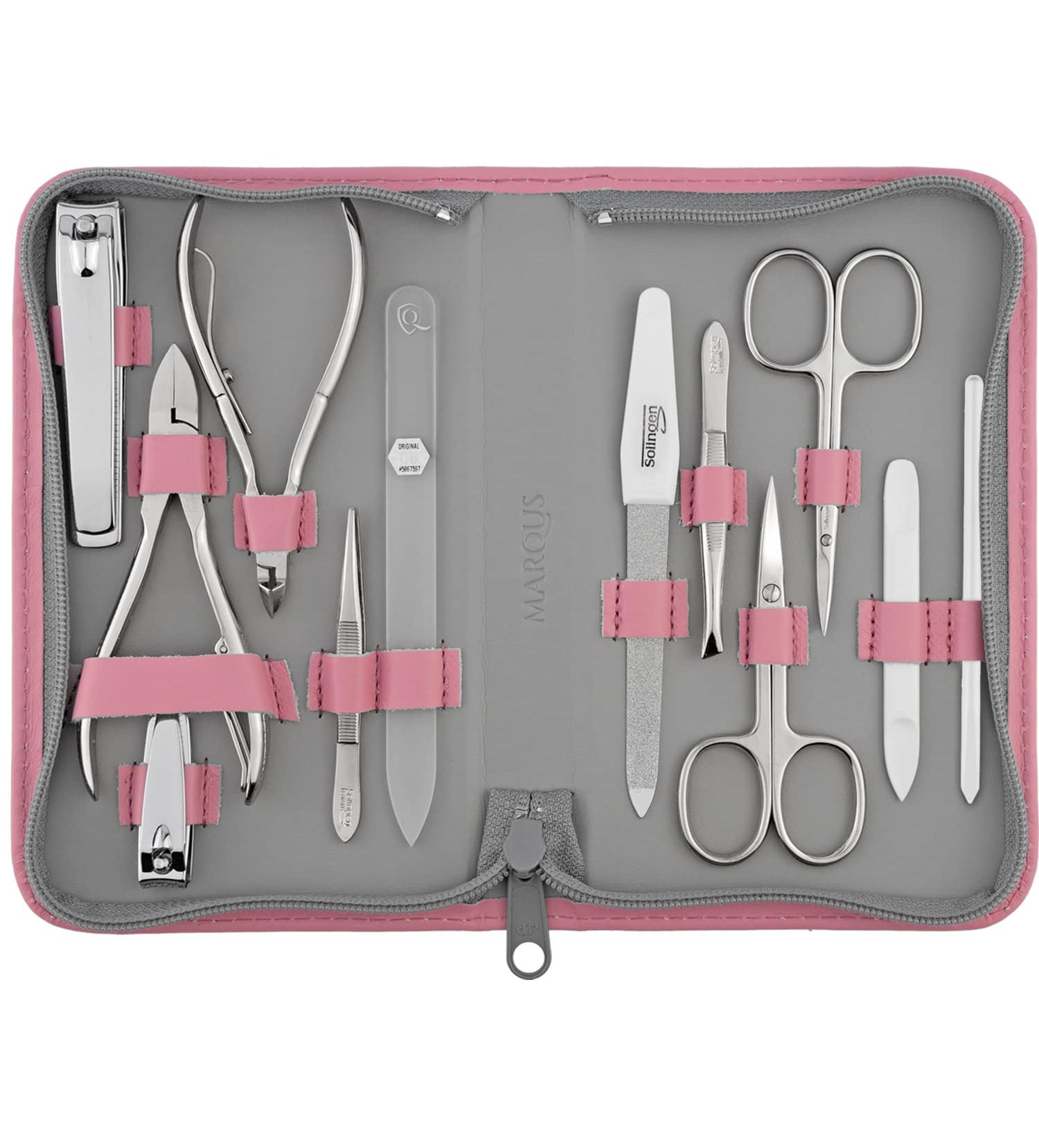 Marqus Solingen Manicure Set - 12-Piece Real Leather Etui for Hand & Foot Care | Complete Pedicure & Manicure Set - Rosa Color - Buy Online on GoSupps.com