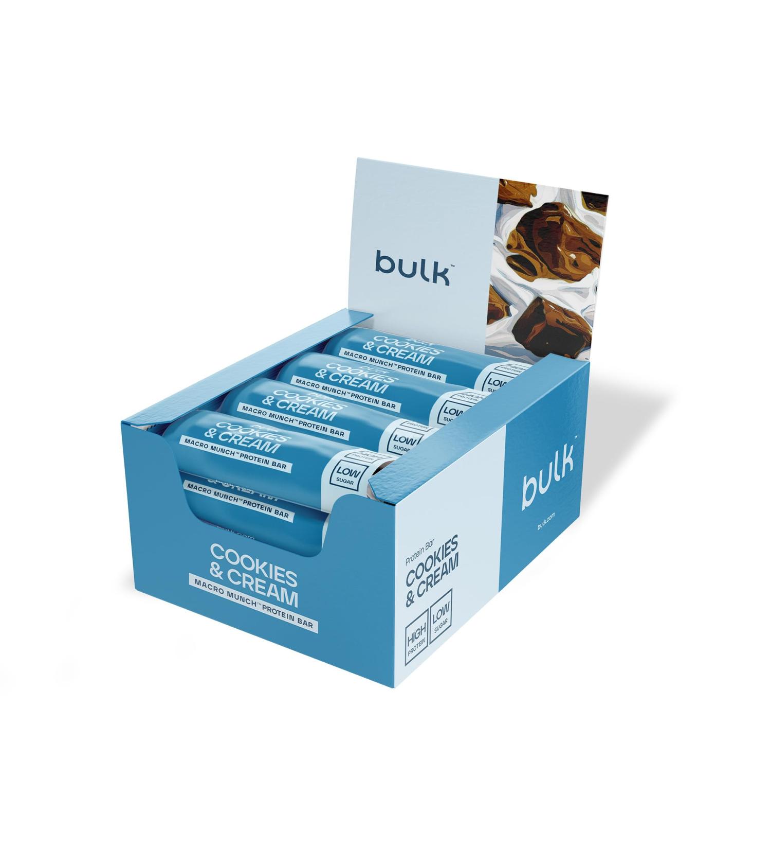 BULKPOWDERS Bulk Macro Munch Protein Bar Cookies & Cream 12x62g 20 g High in protein Low Sugar 67 g fiber Soft Baked Three Layer Healthy Snack Bar for Gym Fitness OntheGo Vegetarian