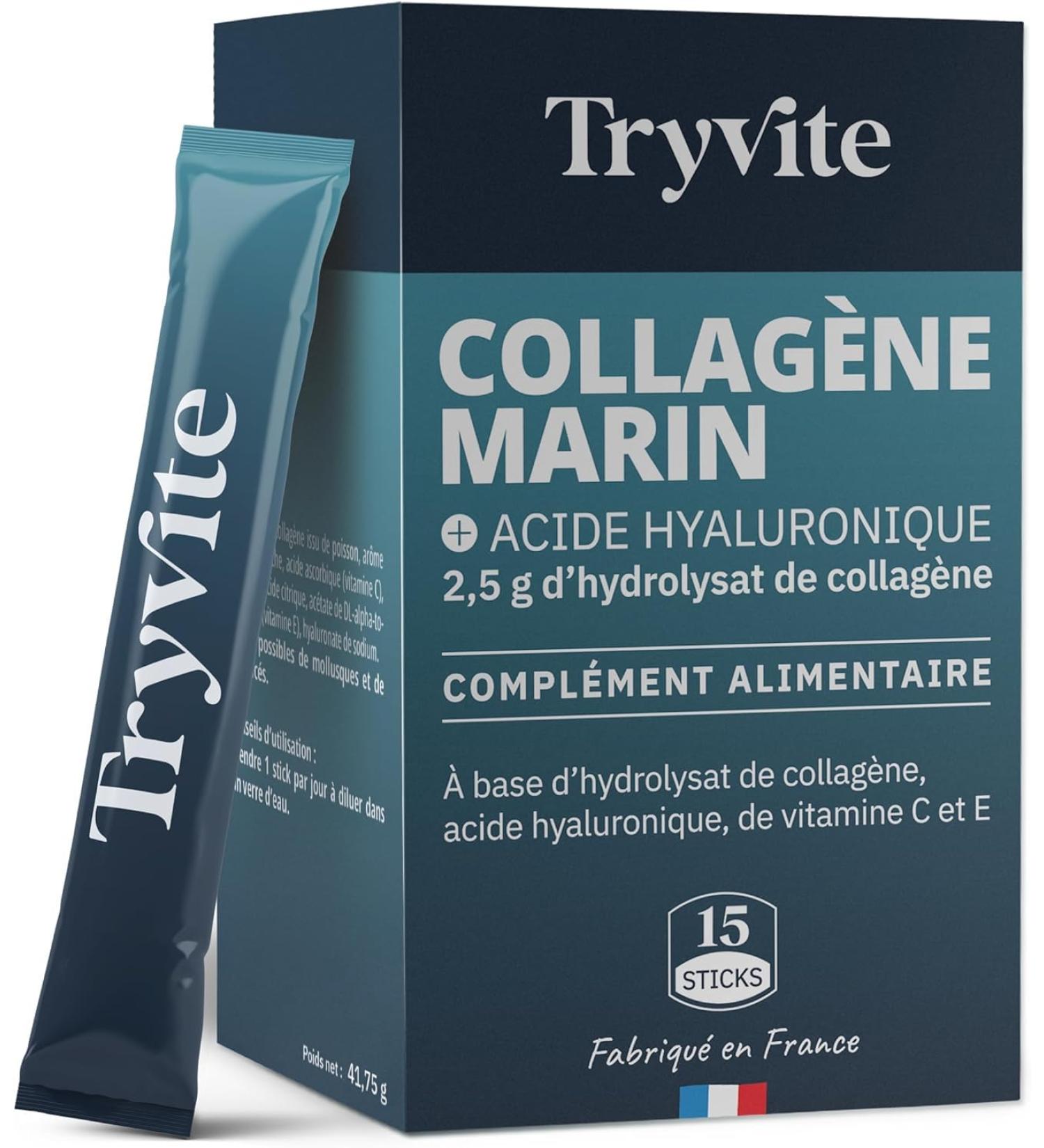 Type 1 and 2 Premium Marine Collagen with Vitamins C & E | 2500 mg Hyaluronic Acid Marine Collagen for Skin Hair & Joints | High Absorption | TRYVITE | 15 Sticks - Buy Online on GoSupps.com