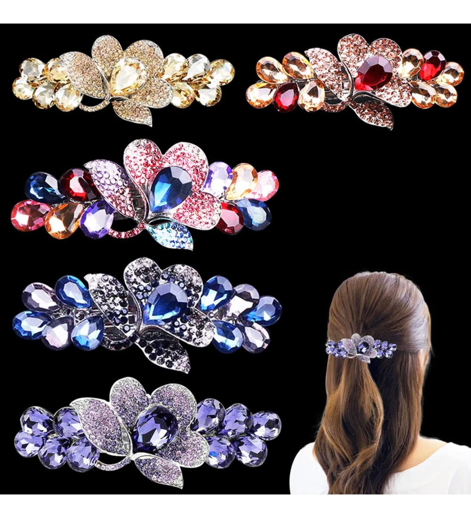 Elegant Crystal Rhinestone French Flower Hair Clips for Women - 5 PCS Set in 2 Sizes (Multicolor) | Stylish Hair Accessories for Women Girls - Buy Online on GoSupps.com