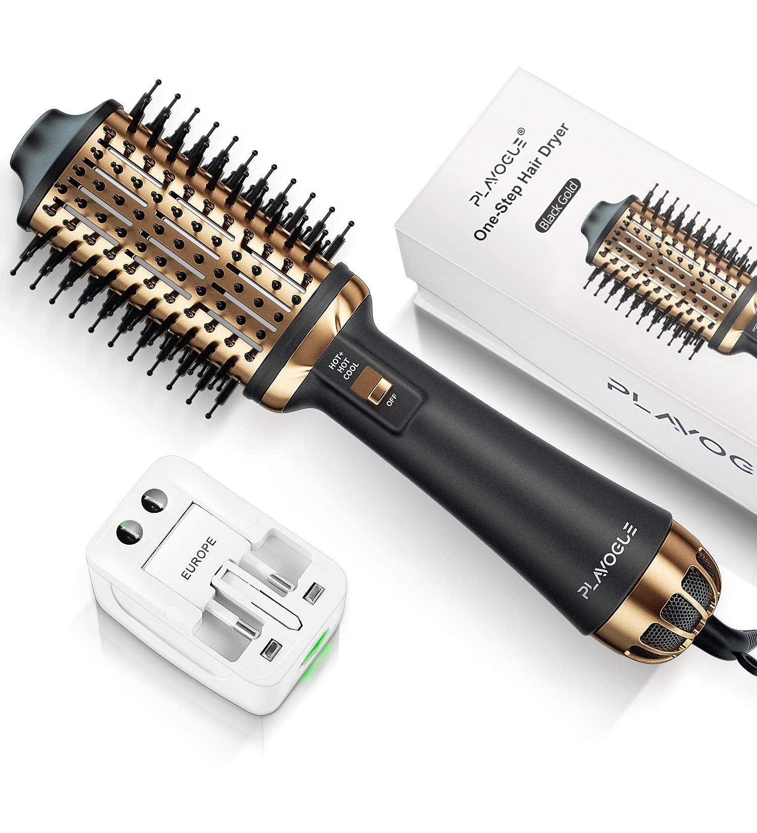 Plavogue Dual Voltage Hair Dryer Brush Volumizer - Travel Salon Blowout Brush, Negative Ionic, One-Step Hot Air Brush - International Upgraded Version (Black Gold) - Buy Online on GoSupps.com