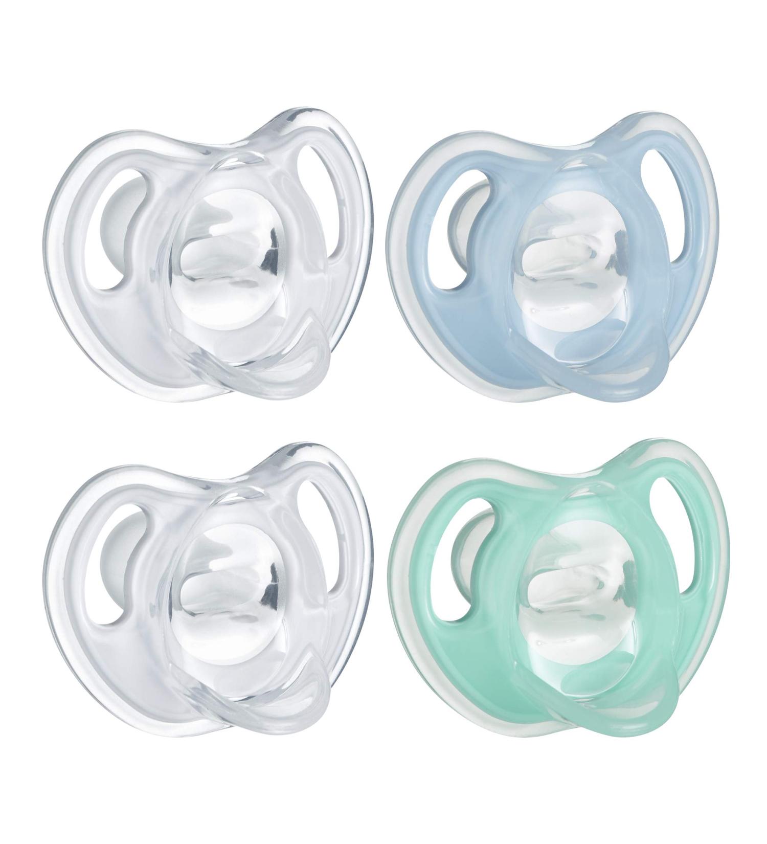 Tommee Tippee Ultra-Light Silicone Pacifiers 4-Pack, BPA-Free Symmetrical Design for 0-6 Months - Light Blue/Green - Buy Online on GoSupps.com