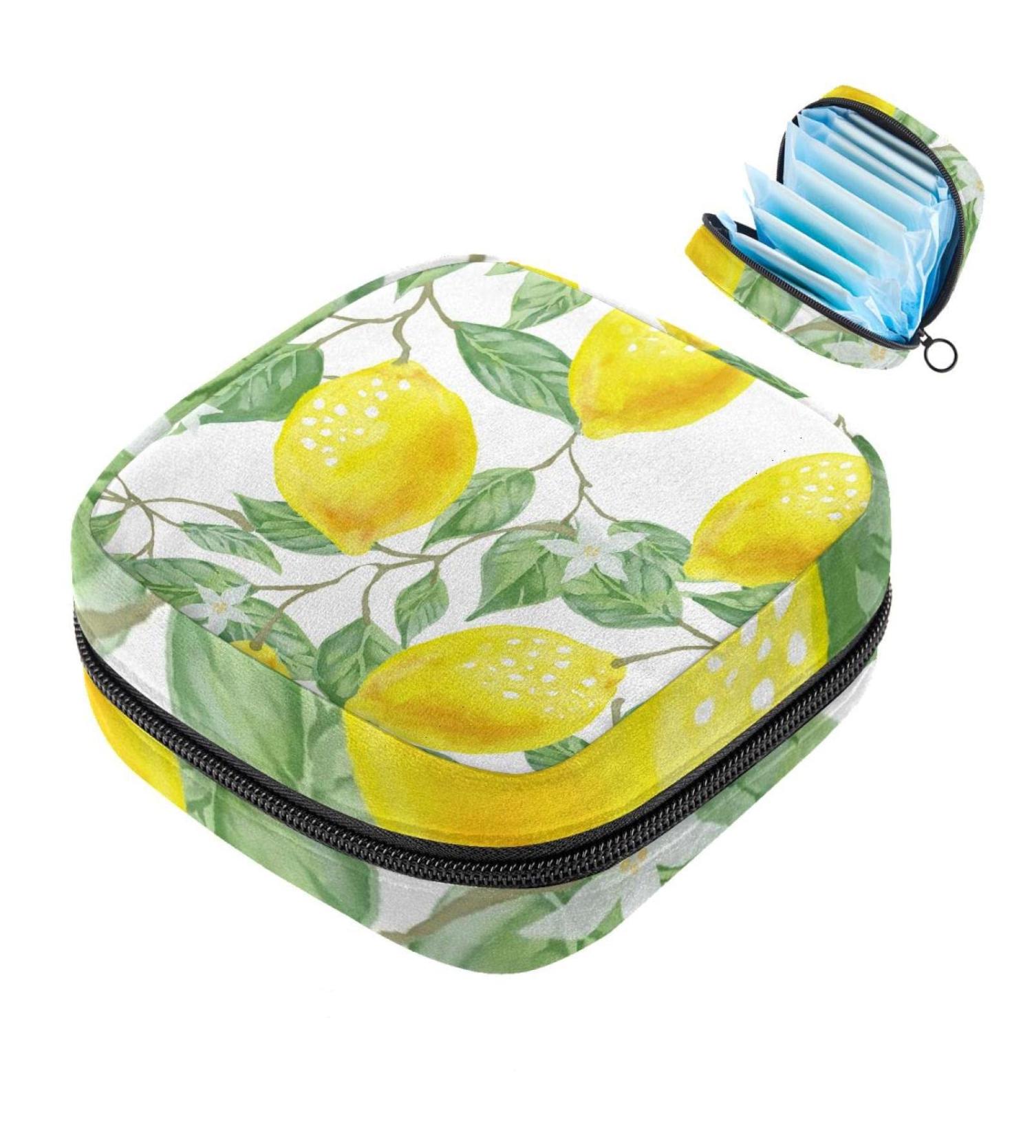 Menstruation Pad Bag with Zipper Stylish Women's Napkin & Tampon Collection Bags (Leaf Green Yellow Lemon Fruits) - Buy Online on GoSupps.com