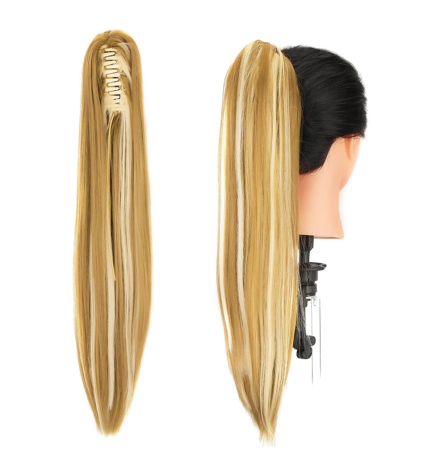 Gairyan Clip in Ponytail Hair Extensions 21 inch Ponytail Extension Long Straight Pony Tails Claw on Ponytail Synthetic Hairpieces for Women Soft Natural Look (Dark Blonde & Bleach Blonde) - Buy Online on GoSupps.com
