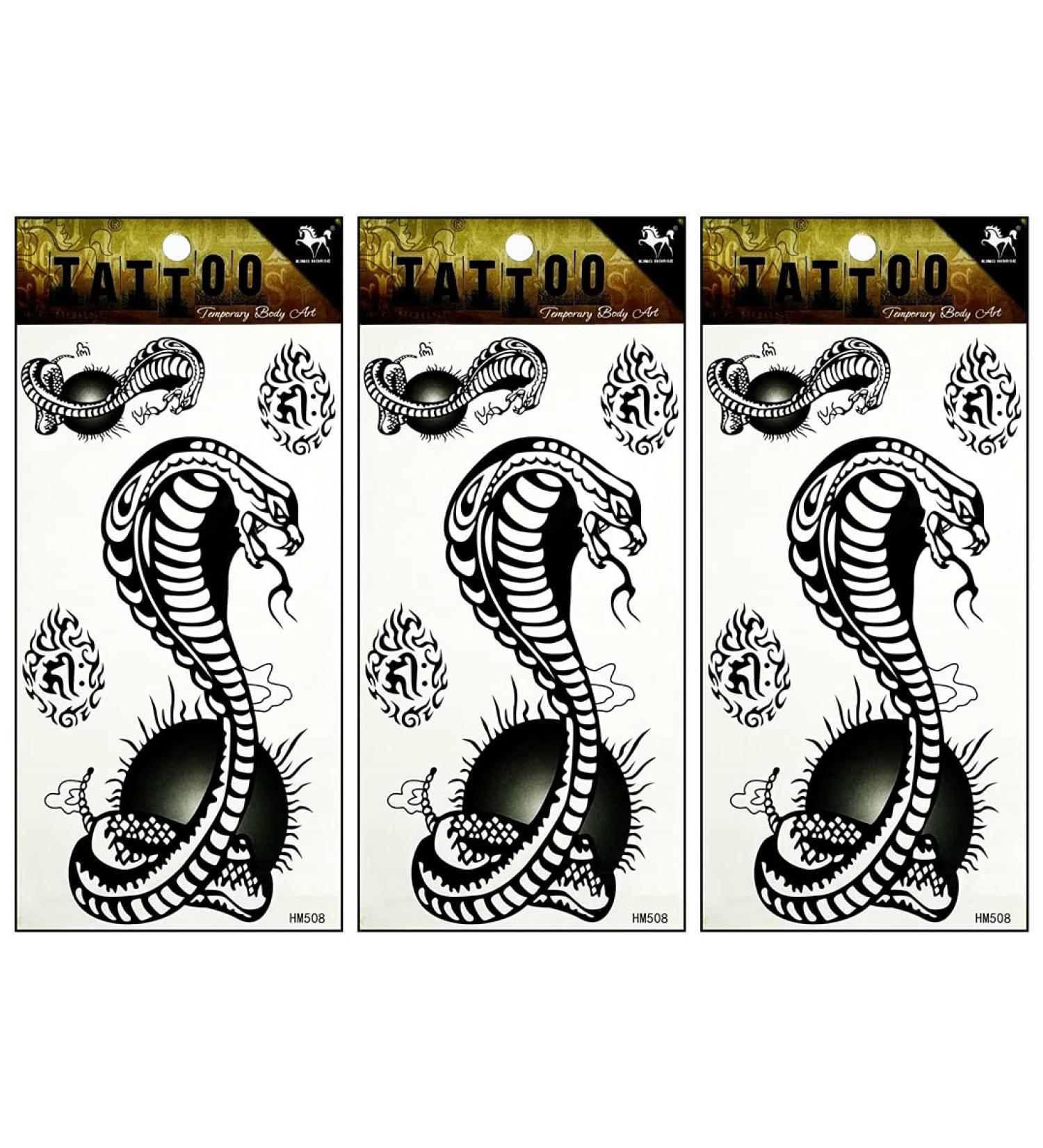 ONCEX 3 Sheets Black Cobra Temporary Tattoos | Waterproof Body Stickers for Men and Women | Cobra Snake Cartoon Designs | Removable Fake 3D Tattoos for Arms, Legs, Shoulder, or Back - Buy Online on GoSupps.com