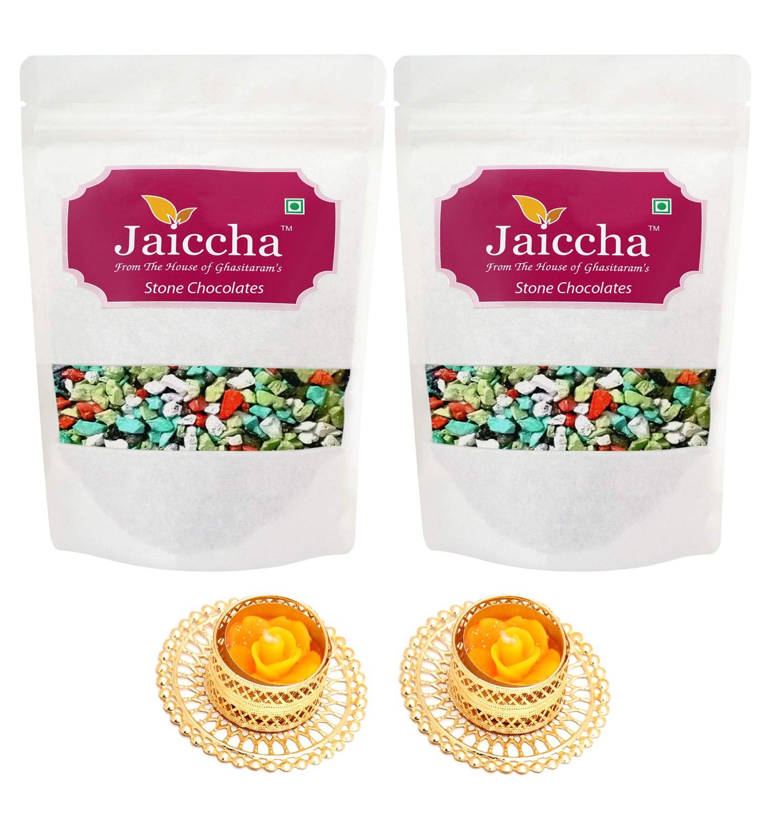 Jaiccha Ghasitaram Diwali Gifts Chocolate - Stone/ Rock Chocolates 400 GMS in White Paper Pouch with 2 T-Lites - Buy Online on GoSupps.com