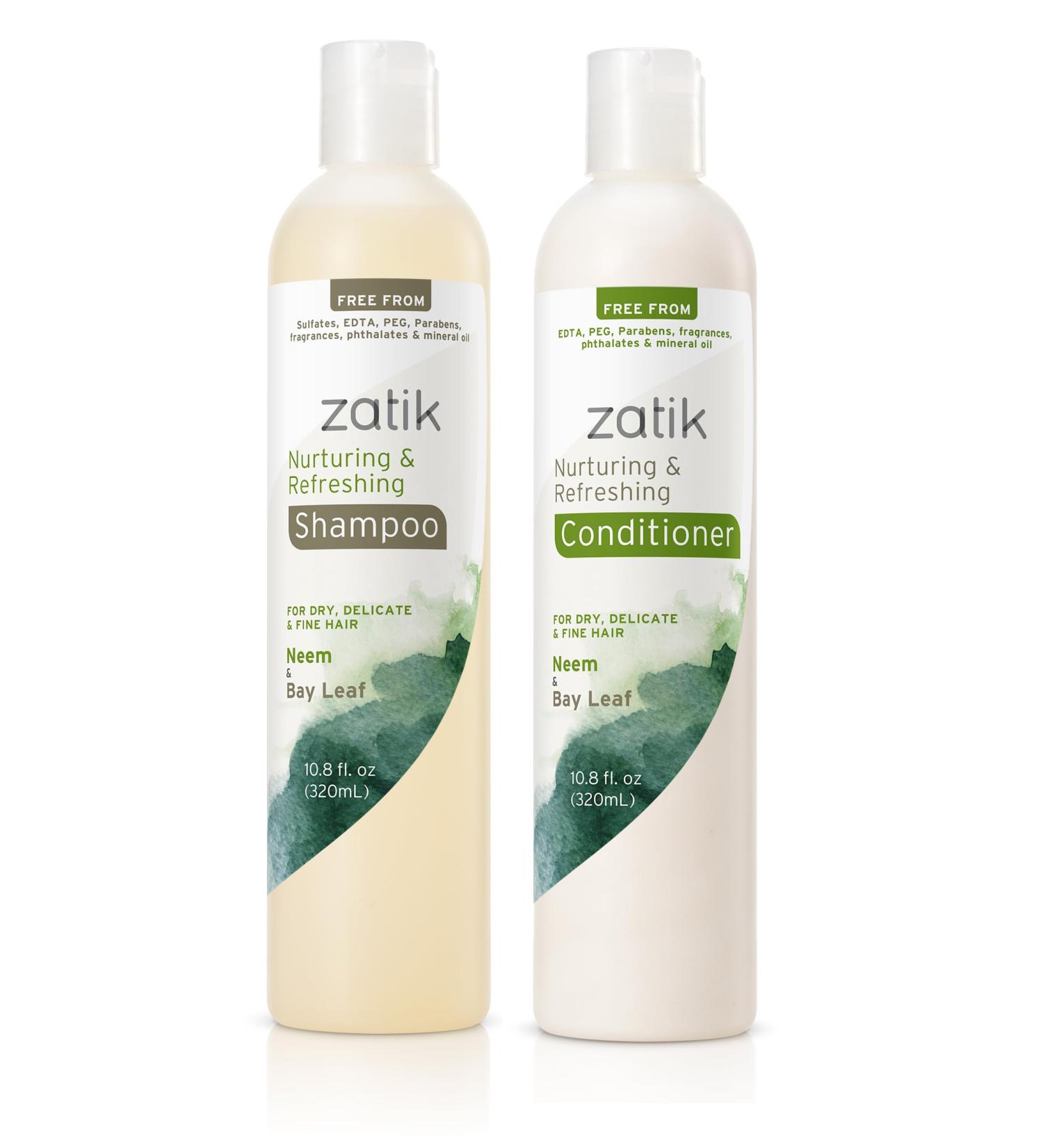 Zatik Naturals Shampoo & Conditioner Set - Neem & Bay Leaf for Dry Fine Hair | Biodegradable pH Balanced Sulfate-Free | 10.8oz - Buy Online on GoSupps.com