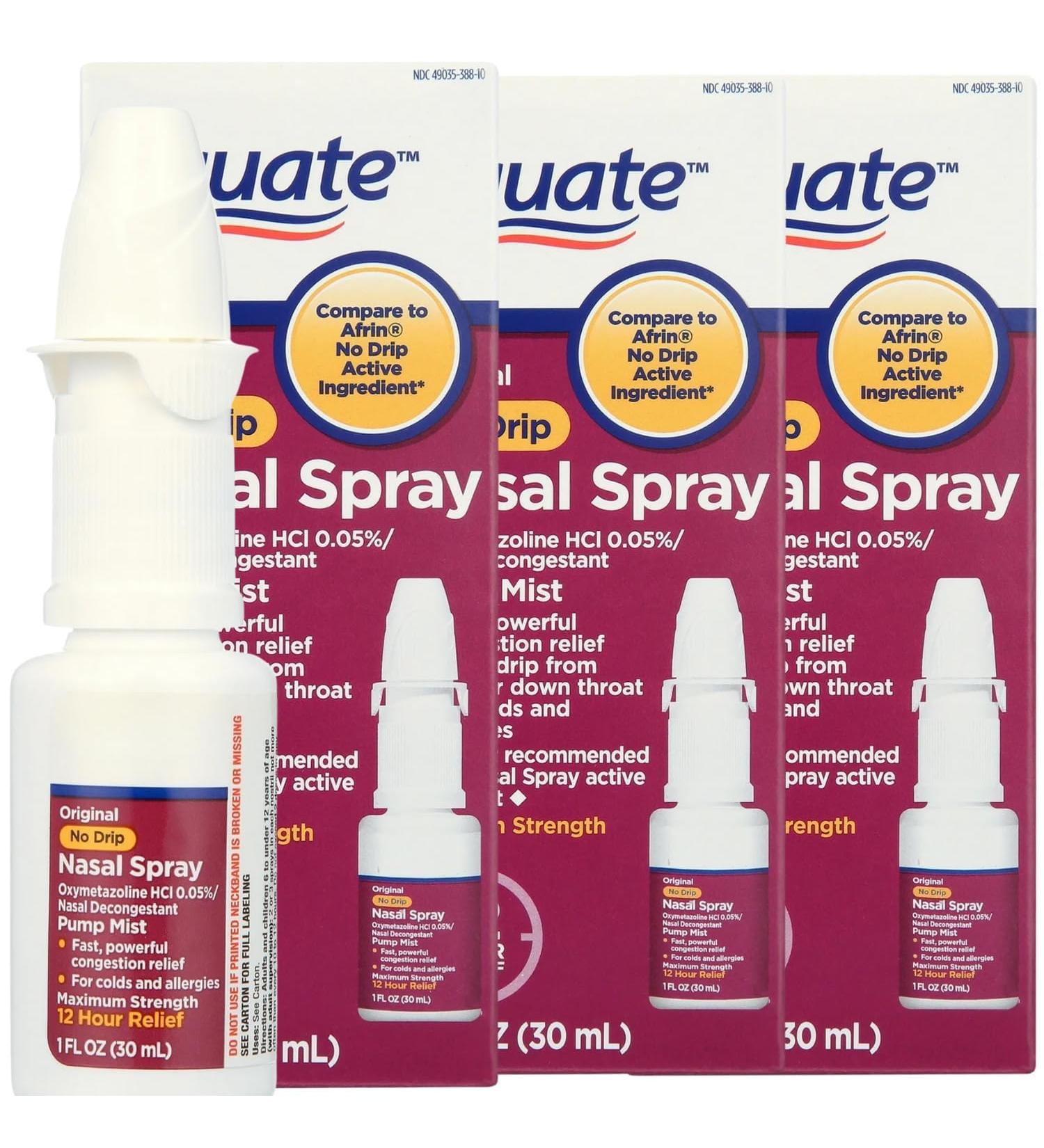 No Drip Nasal Spray Equate Pump Mist 12 Hour Oxymetazoline Hcl 1 fl oz. (Pack of 3)