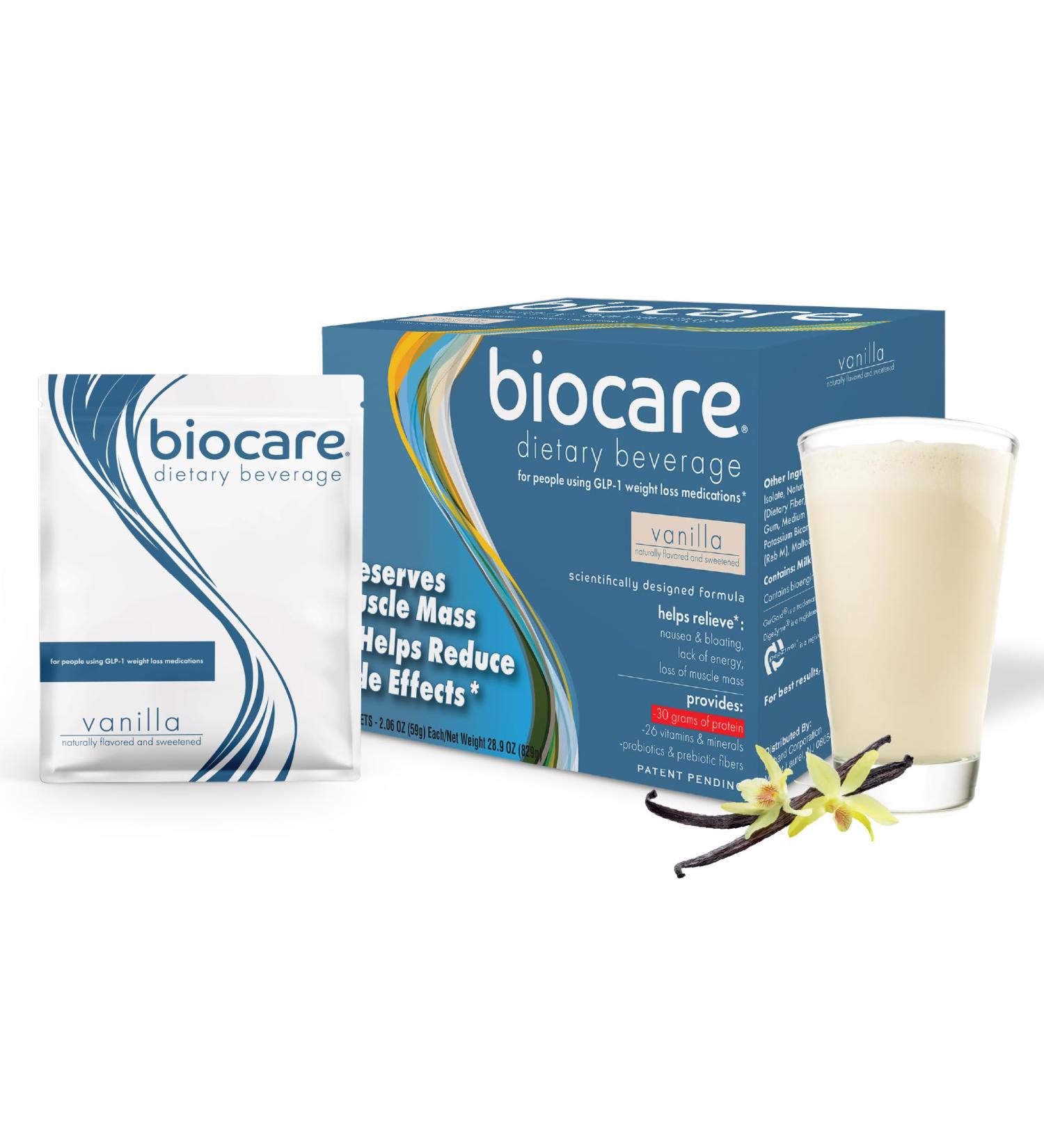 Biocare Nutritional Beverage for GLP-1 Users Dietary Powder Drink Provides 25 g Essential Protein 26 Vitamins/Minerals Helps Ease Nausea Bloating Constipation Vanilla Shake 14ct