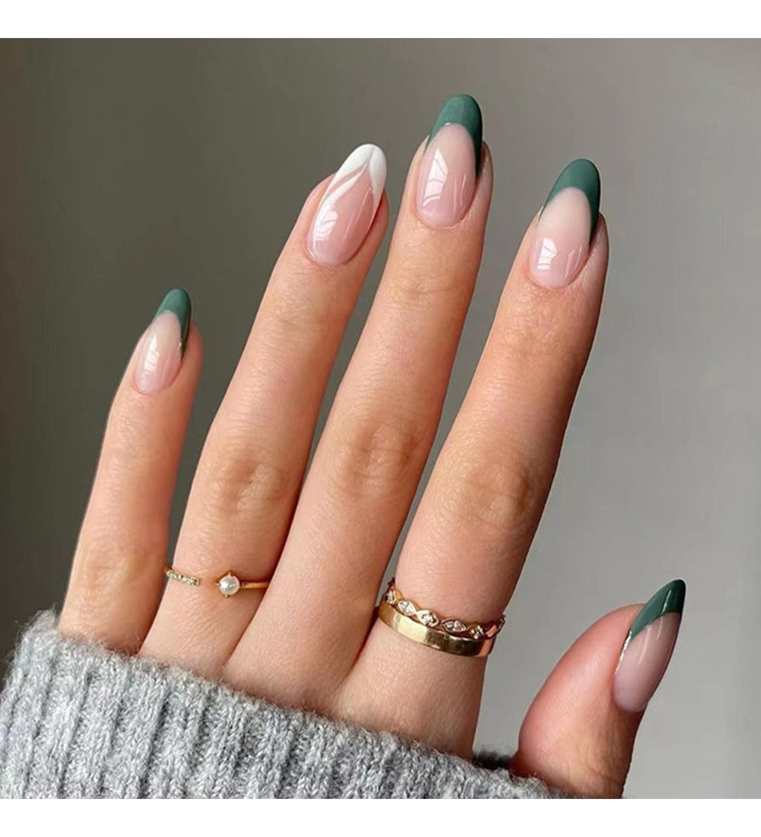 Justotry 24 Pcs Almond Short Dark Green French Press on False Nails | Nude Fake Nails with Nail Glue for Women | Oval Medium Stick on Nails for Nail Art - Buy Online on GoSupps.com