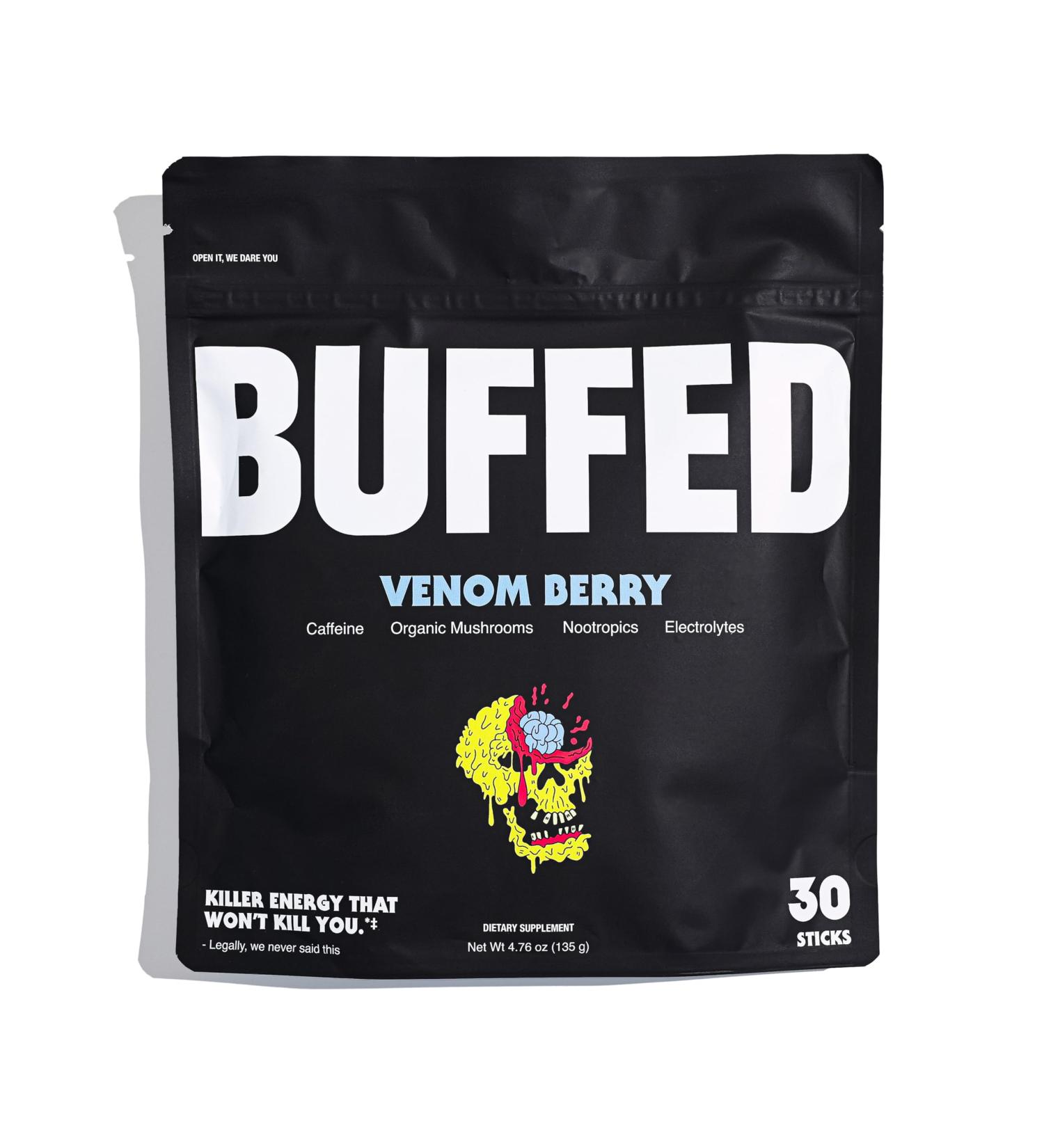 BUFFED Energy Powder Stick Packs Drink Mix | Clean Healthy Boost Packets | 150mg Caffeine + Hydration | Nootropics Organic Mushrooms B-Vitamins Electrolytes | 30 Pack-Venom Berry - Buy Online on GoSupps.com