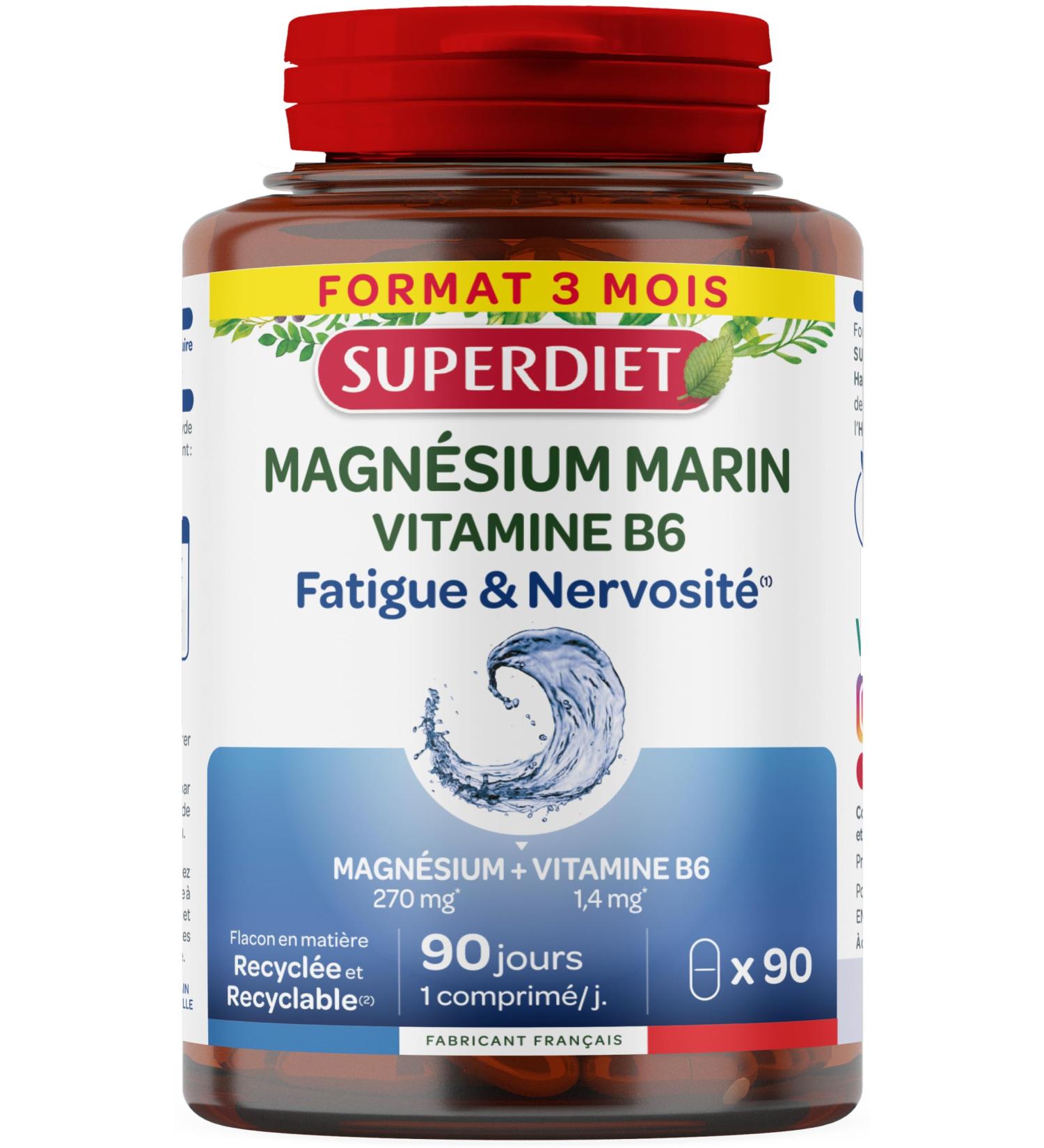 SUPERDIET - Marine Magnesium and Vitamin B6 - Reduction of fatigue Good functioning of the nervous system- 90 tablets