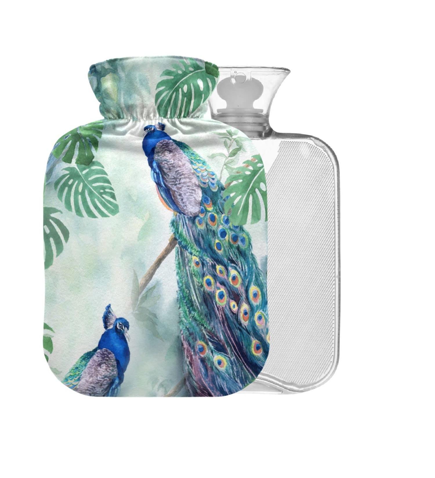 Watercolor Peacock Leaves Hot Water Bottle | 1L BPA Free Small Bag for Pain Relief & Cramps - International Shipping - Buy Online on GoSupps.com