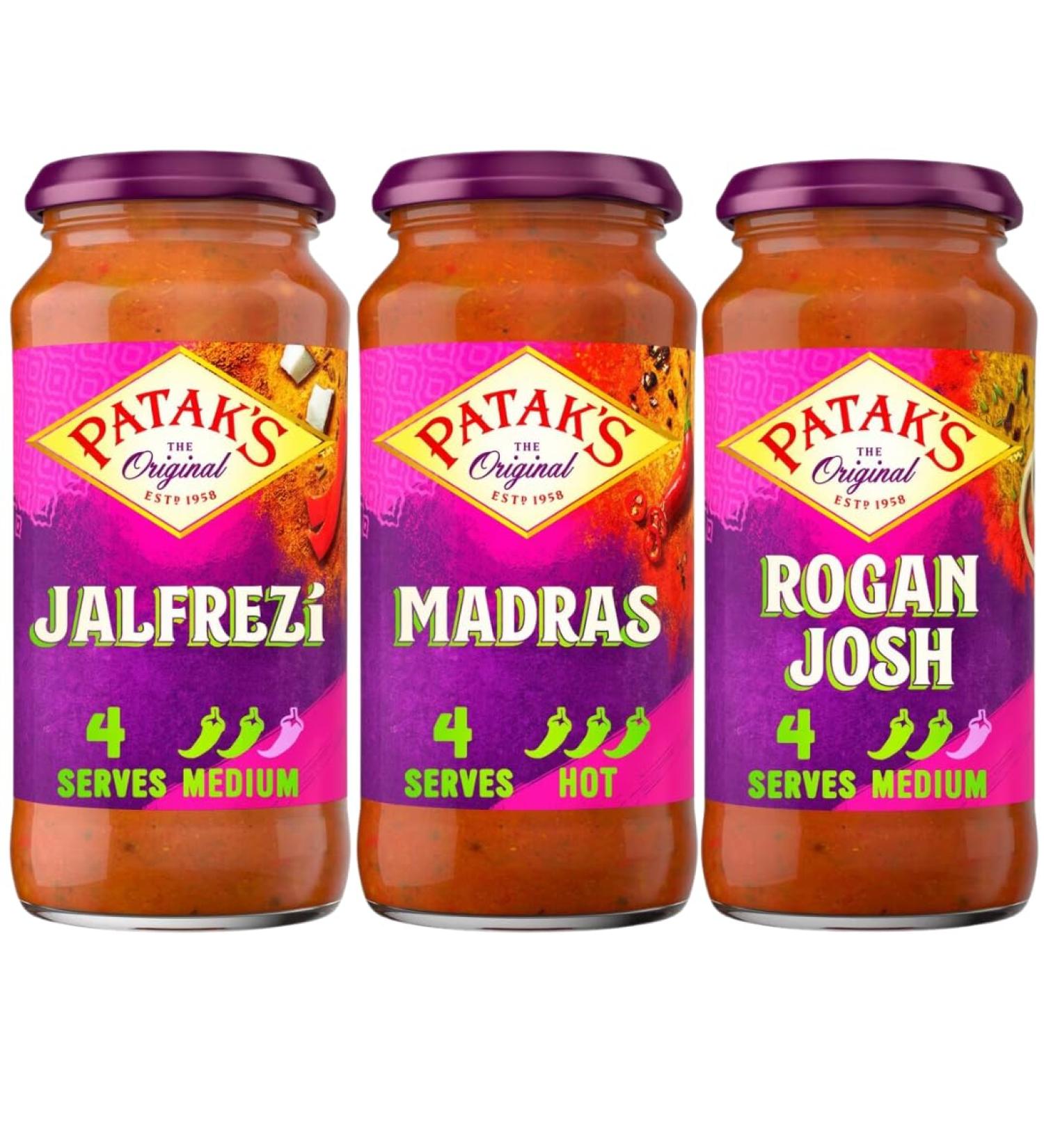 Curry Sauce Bundle with Patak Jalfrezi Curry Sauce Jar 450g Madras Sauce Jar 450g and Rogan Josh Sauce Jar 450g (3 Pack) - Buy Online on GoSupps.com