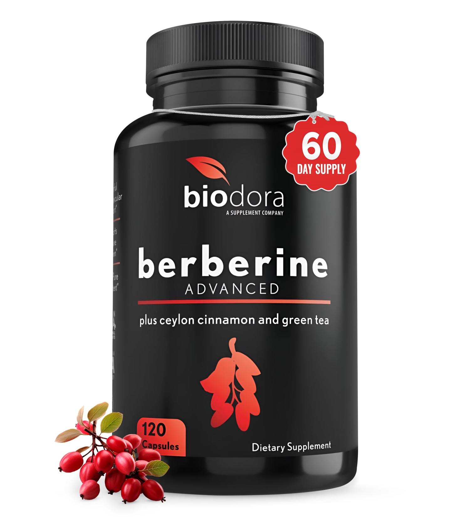 Biodora Berberine Advanced Plus with 1200mg Berberine - 100mg Ceylon Cinnamon and 100mg Green Tea Extract - 1400mg Per Dose -120 Capsules - 60 Day Supply - Supports Immune and Cardiovascular - Buy Online on GoSupps.com