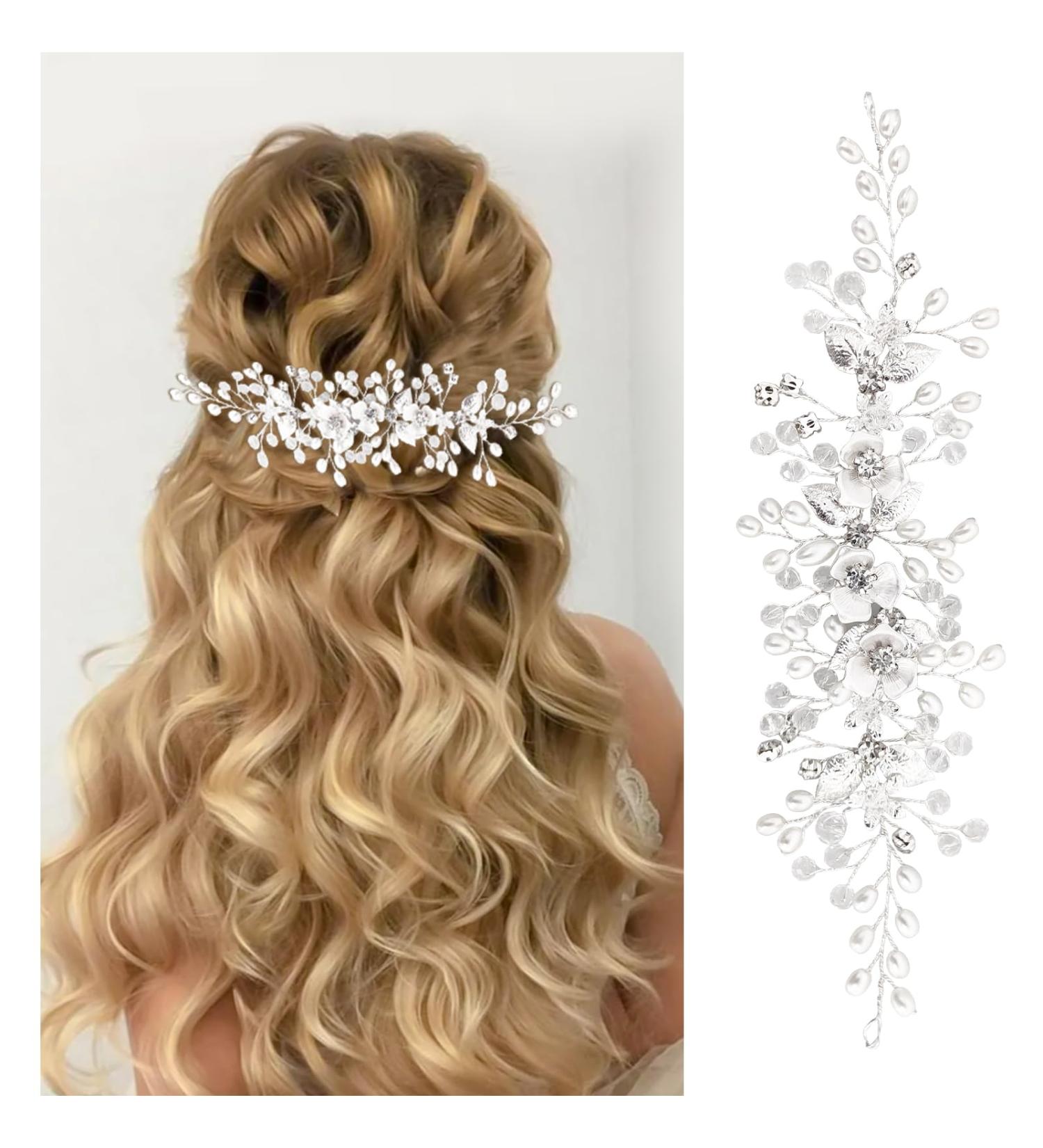 Makone Bride Hair Accessories Wedding Hair Vines Crystal Headpieces Flower Headband Bridal Hair Pieces wedding hair accessories for women Silver Flower Vine - Buy Online on GoSupps.com