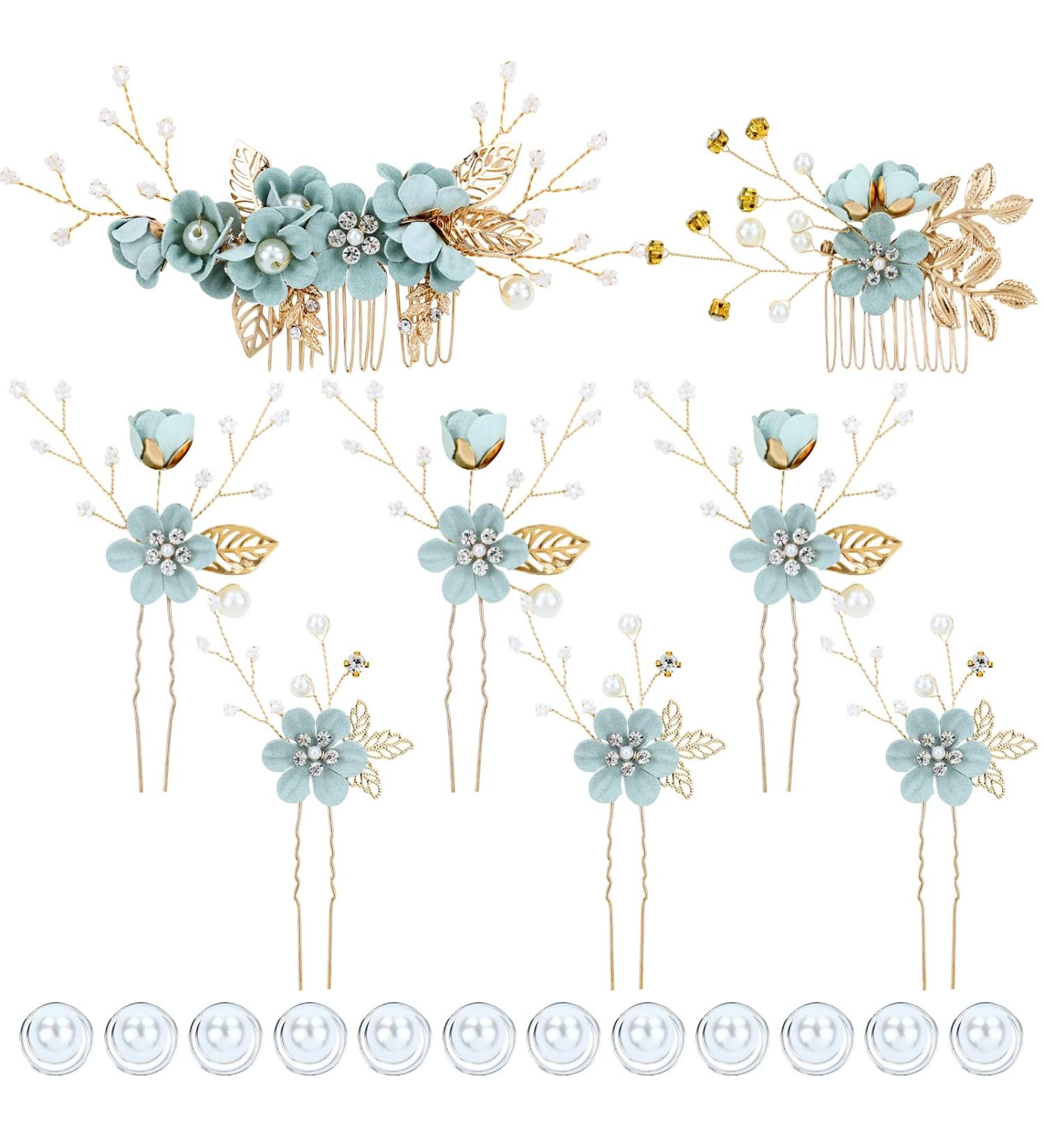 20pc Rhinestone Pearl Wedding Hair Combs & Pins - Light Green Floral Bridal Hair Accessories - Buy Online on GoSupps.com