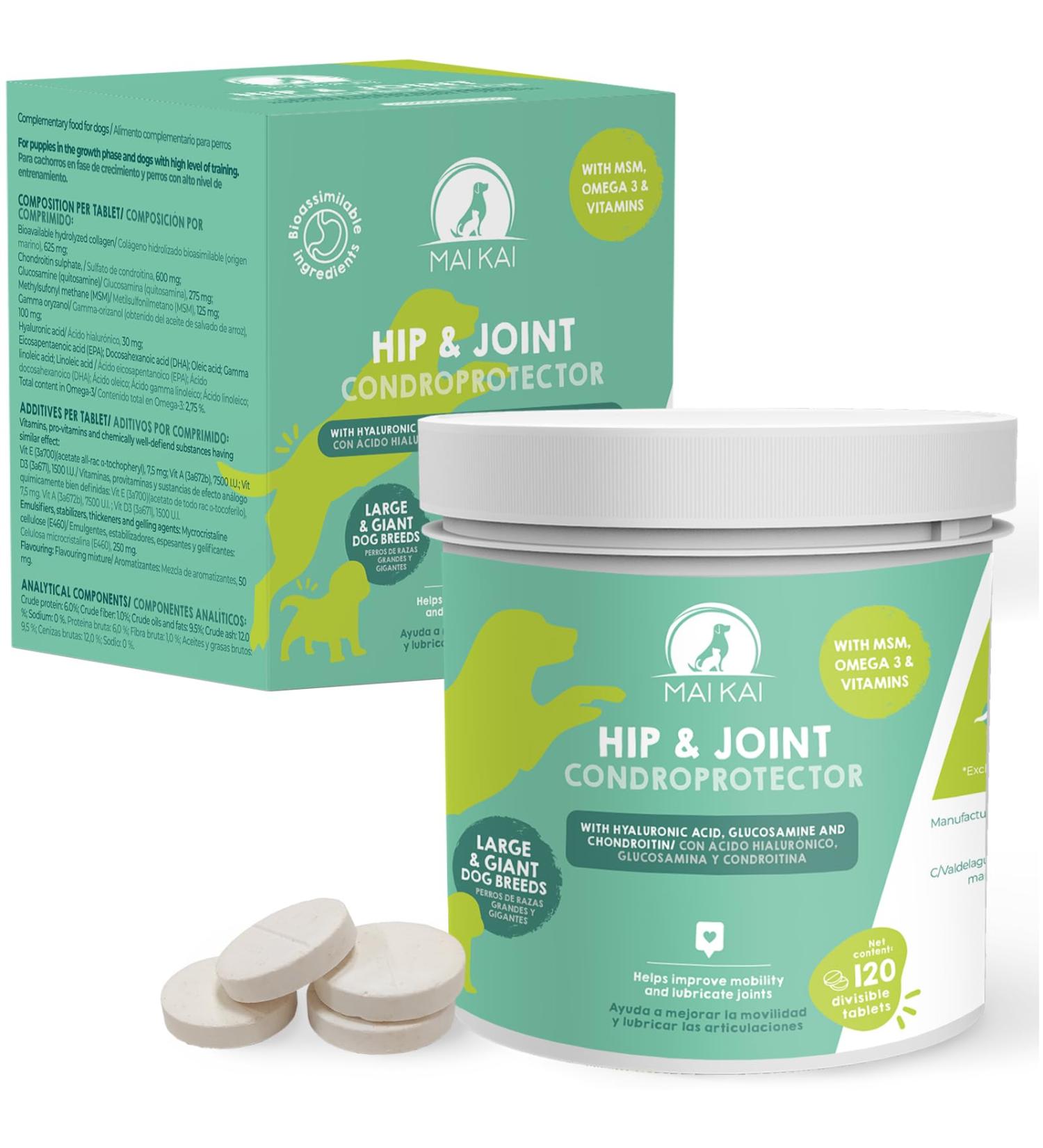 MAIKAI Anti-Osteoarthritis Tablets for Large Dogs - 120 tablets - Food supplement concentrated in Glucosamine Chondroitin MSM Omega 3 and Hyaluronic Acid - Strengthens Joints - Buy Online on GoSupps.com