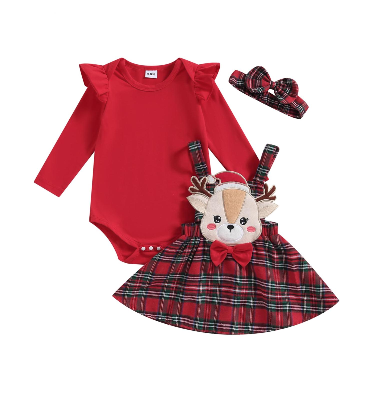 ZZLBUF Toddler Baby Girl Outfits 3Pcs Set | Ribbed Ruffle T-shirt & Suspender Skirt | Elk Red Plaid | 9-12 Months - Buy Online on GoSupps.com