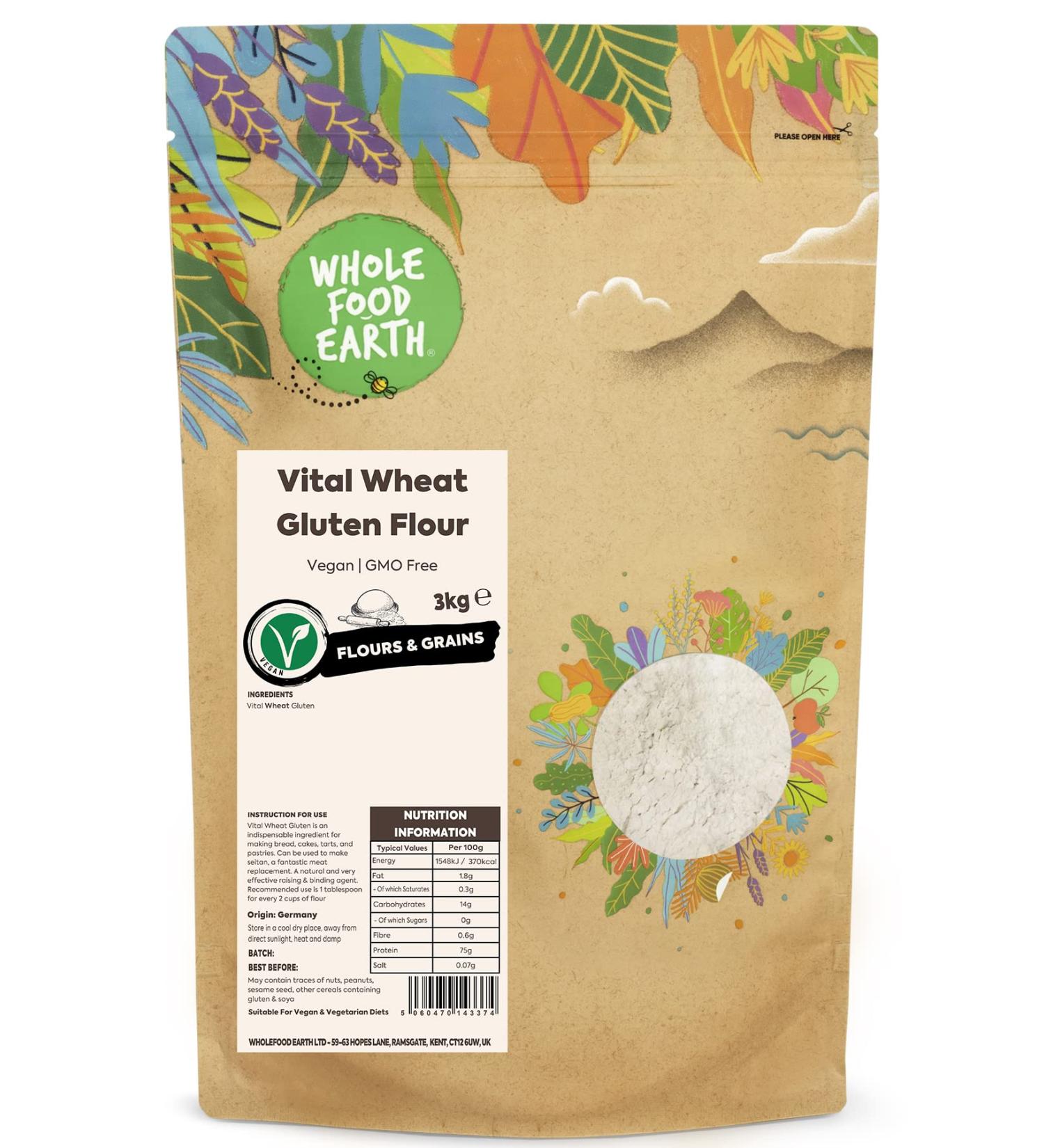 Wholefood Earth Vital Wheat Gluten Flour 3kg - Vegan & GMO-Free - Buy Online on GoSupps.com