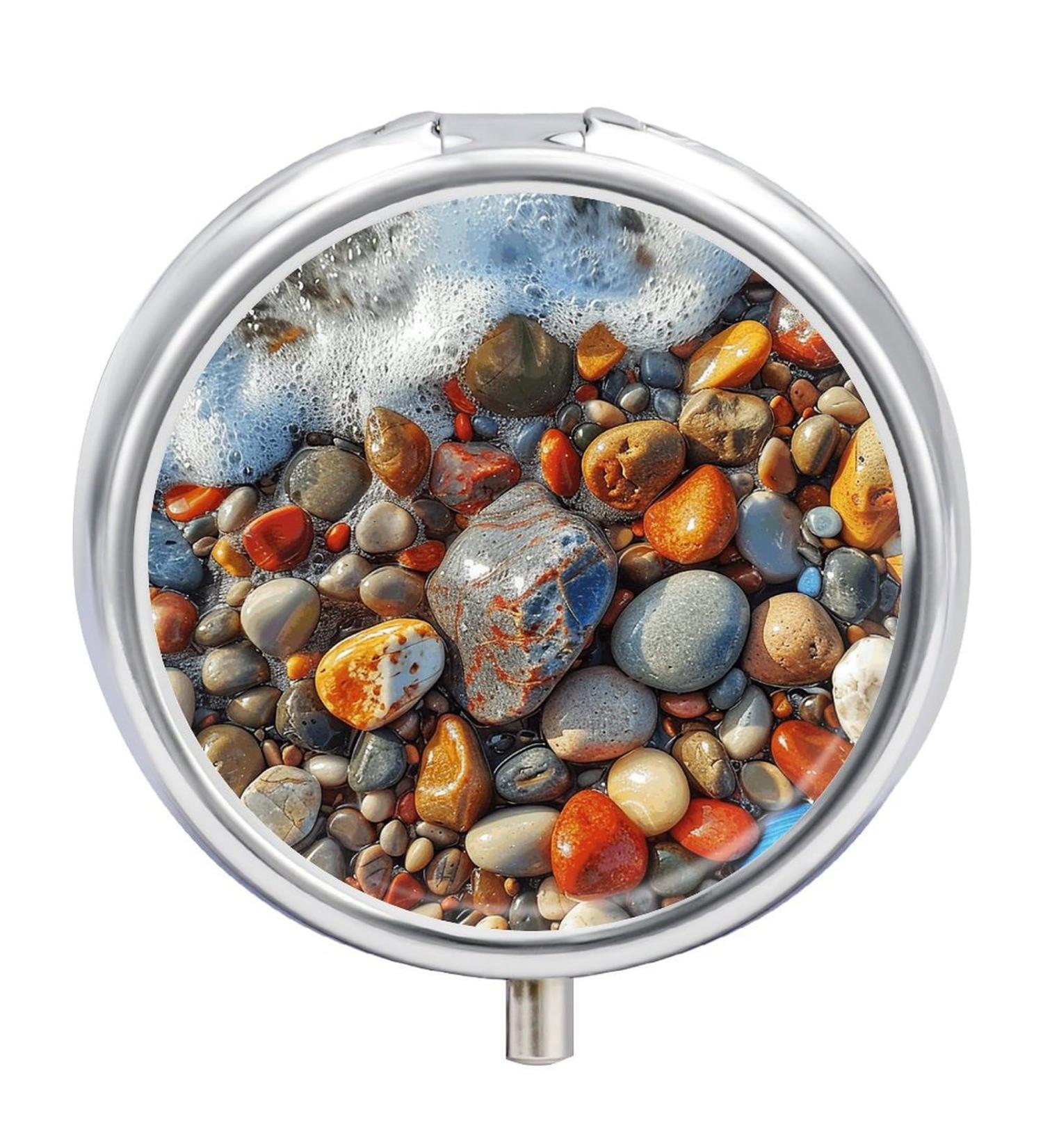 Travel Pill Box | 3 Compartment Portable Medicine Organizer | Beach Stones Design for Purse & Pocket - Ideal for Traveling - Buy Online on GoSupps.com