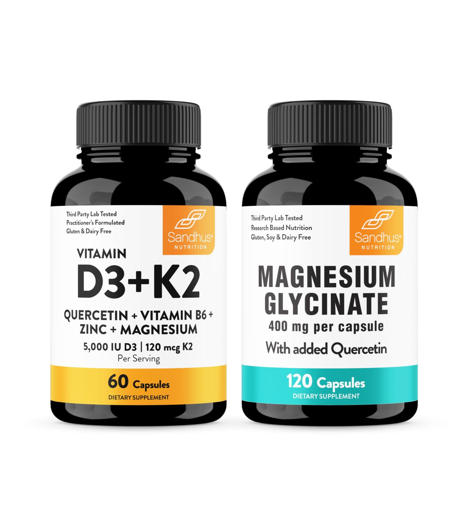 Sandhu's Vitamin D3 K2 Bundle with Magnesium Glycinate with Quercetin Capsules | Supports Quality Sleep Relaxation Immune Muscle Teeth Health & Energy - Buy Online on GoSupps.com