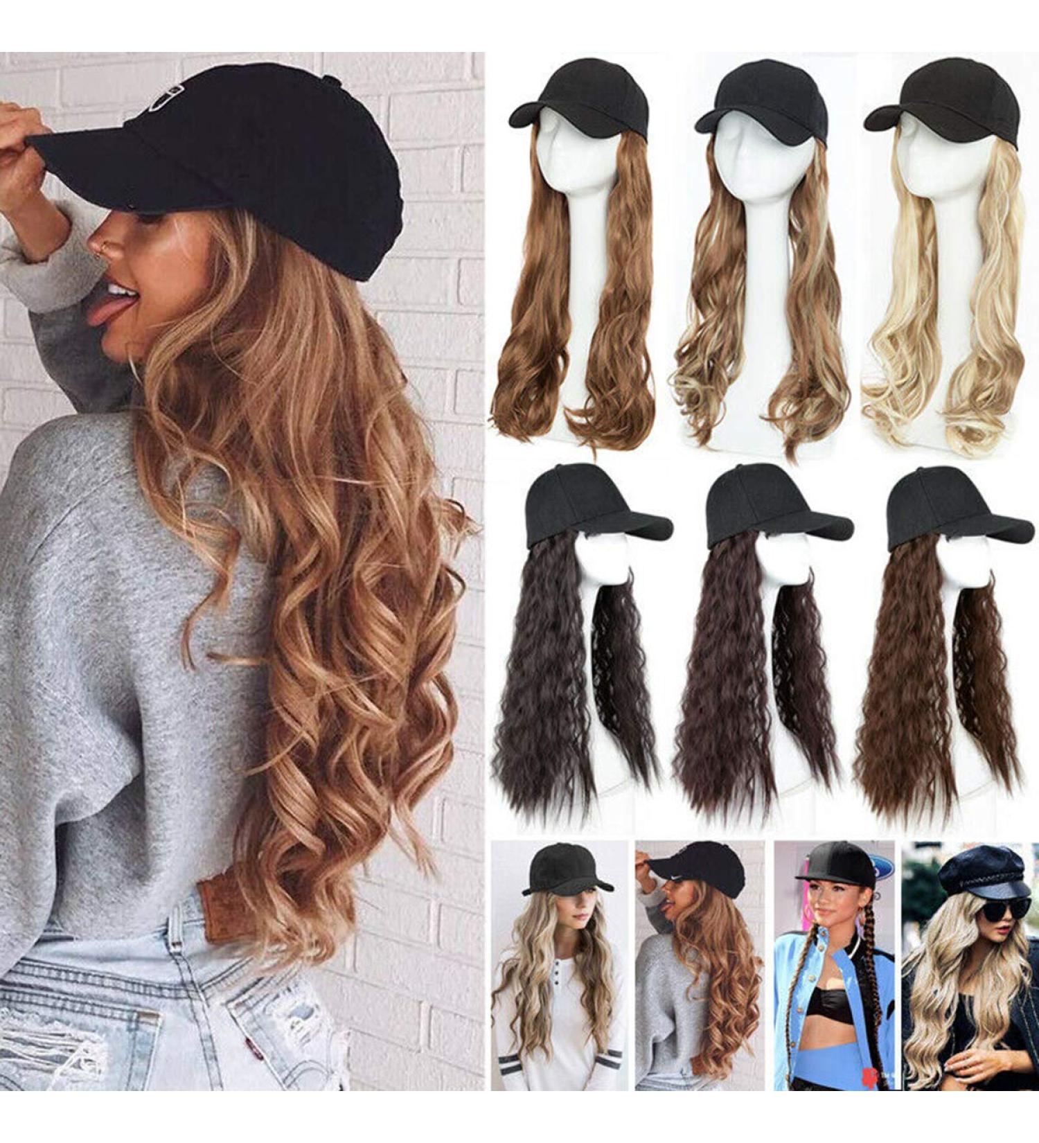 Synthetic Long Curly Wavy Baseball Cap with Hair Brown Black Blonde Women Wig Hats with Hair Wavy Extensions Sandy blonde & bleach blonde Sandy blonde & bleach blonde 16" Curly Wavy - Buy Online on GoSupps.com