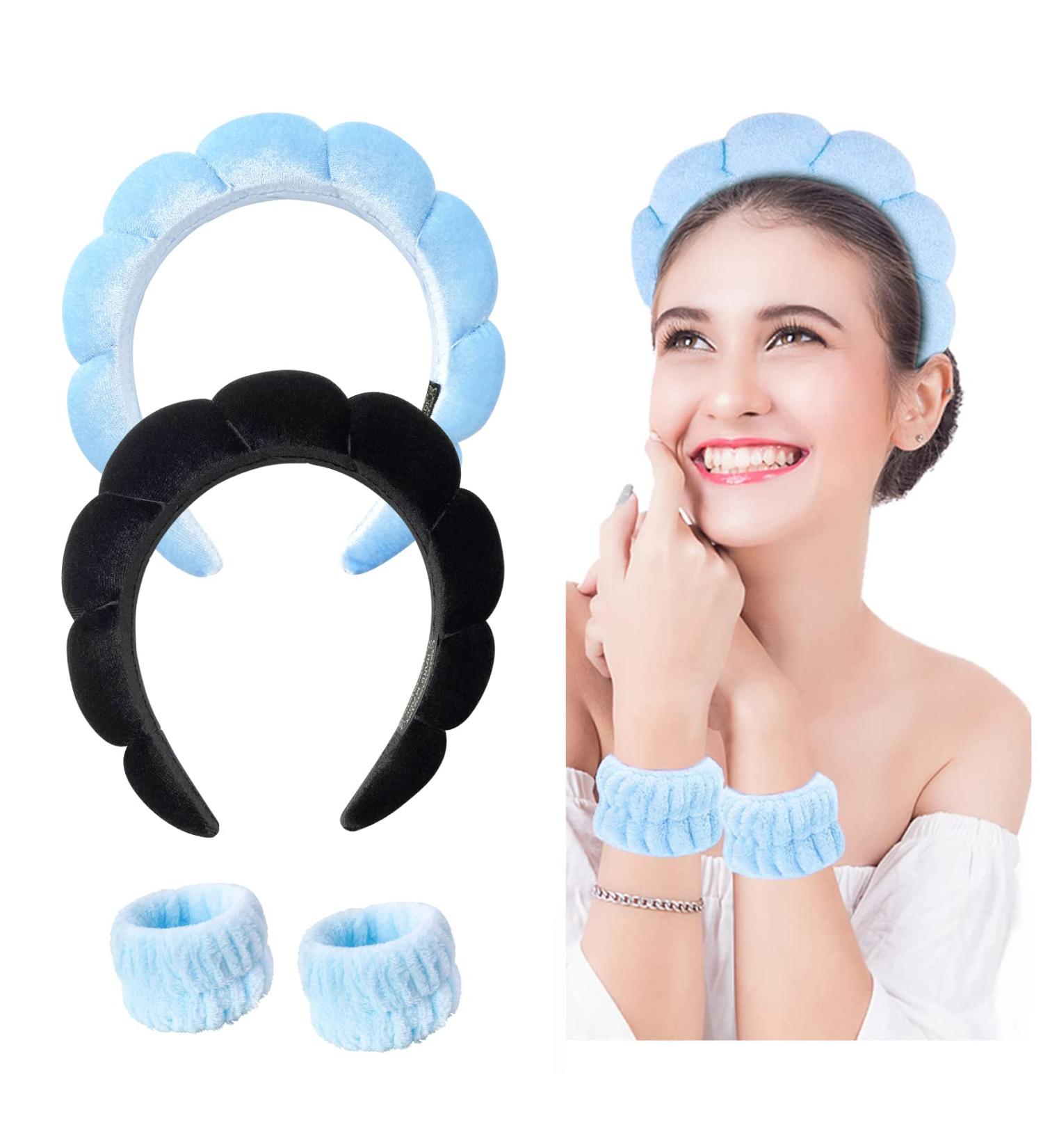 Sponge Spa Headband 2 Pack for Women & Girls - Terry Cloth Hair Band for Skincare & Makeup Removal - Black & Blue - Free Size - Buy Online on GoSupps.com