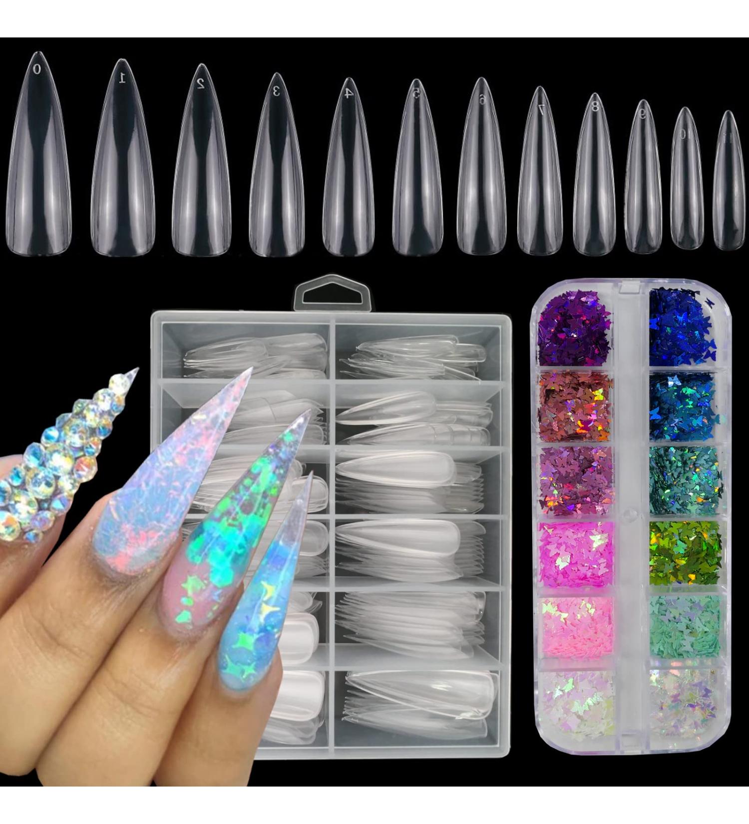 240pc XL Stiletto Acrylic Nail Tips with Butterfly Glitter Flakes - Perfect for Salon and Home DIY - Buy Online on GoSupps.com
