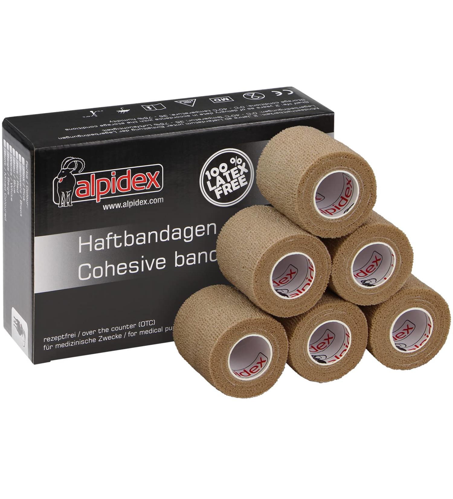 Alpidex 6 Rolls Adhesive Bandage 5 cm x 4.5 m - Self-Adhesive Sport & Vet Wrap Tape in Beige - International Shipping Available - Buy Online on GoSupps.com