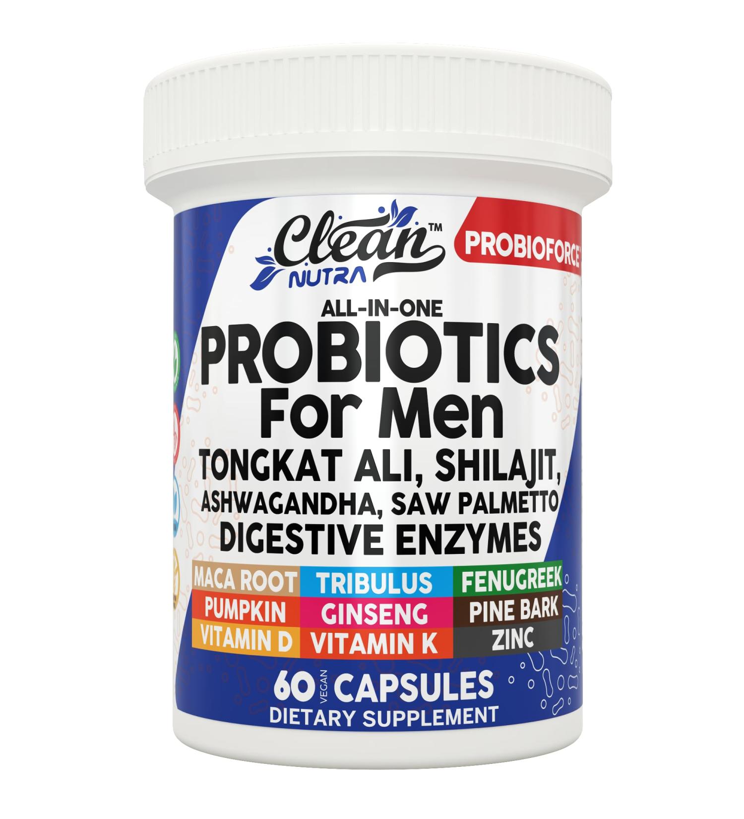 Clean Nutra Probiotics for Men | Tongkat Ali Saw Palmetto Tribulus Ginseng Ashwagandha Maca Pumpkin Gingko Biloba Pine Bark Fenugreek Shilajit Zinc - Mens Probiotic 60 Capsules 1 - Buy Online on GoSupps.com