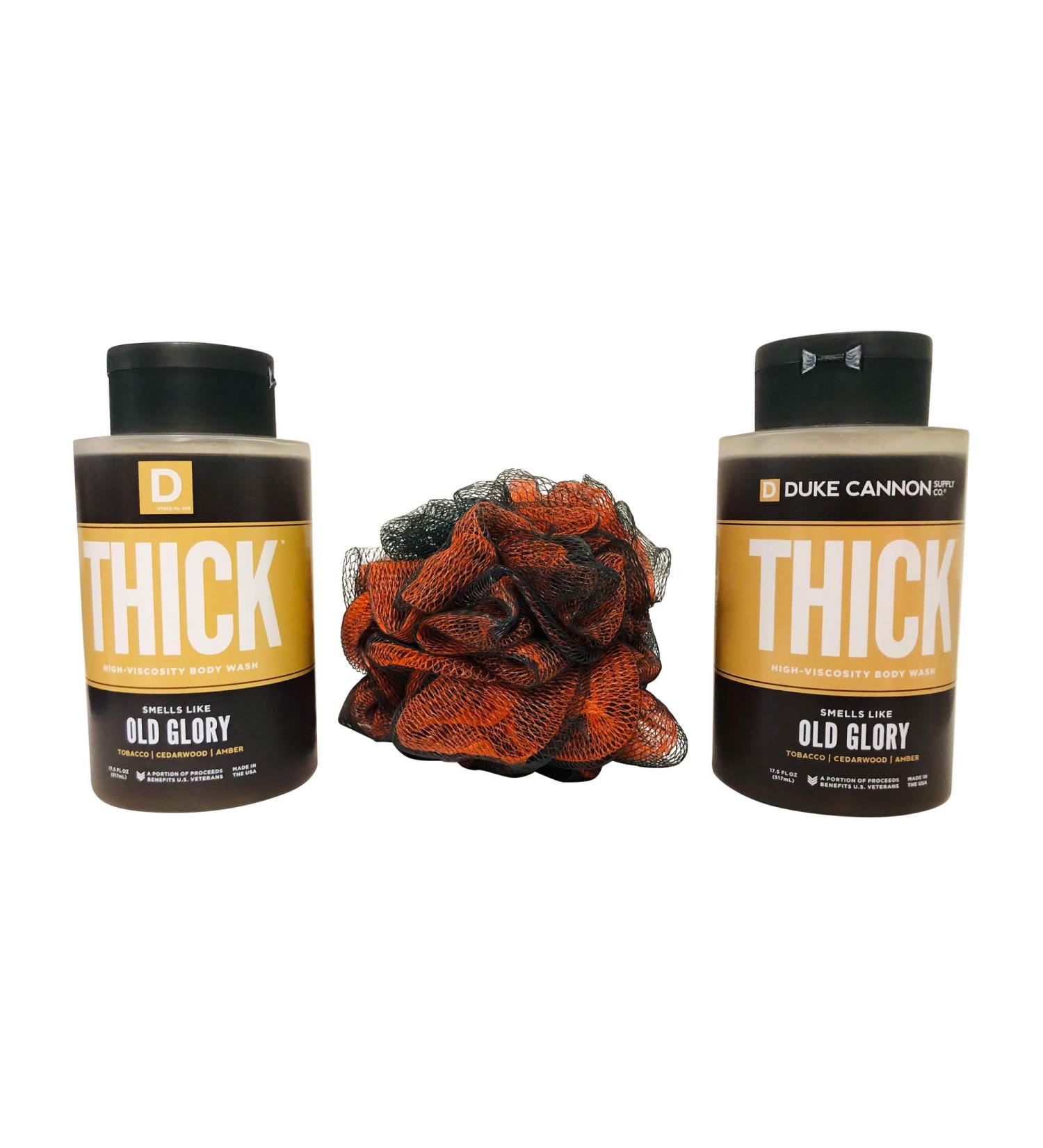 Duke Cannon Supply Co. THICK High-Viscosity Body Wash for Men Bundle- Smells Like Old Glory  17.5 Fl Oz (2 bottles) + Black Loofah
