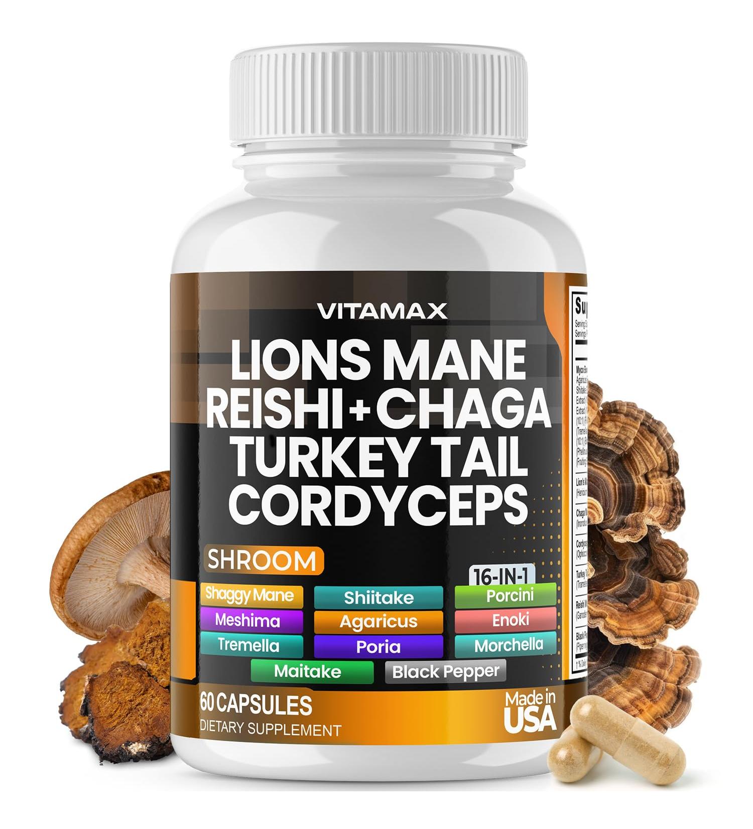 Vitamax Lions Mane Mushroom Turkey Tail Chaga & Reishi Cordyceps Shiitake White Elm King Trumpet Nameko Oyster Porcini Focus & Energy - Made in USA (60 Capsules (Pack of 1)) 60 Count (Pack of 1) - Buy Online on GoSupps.com