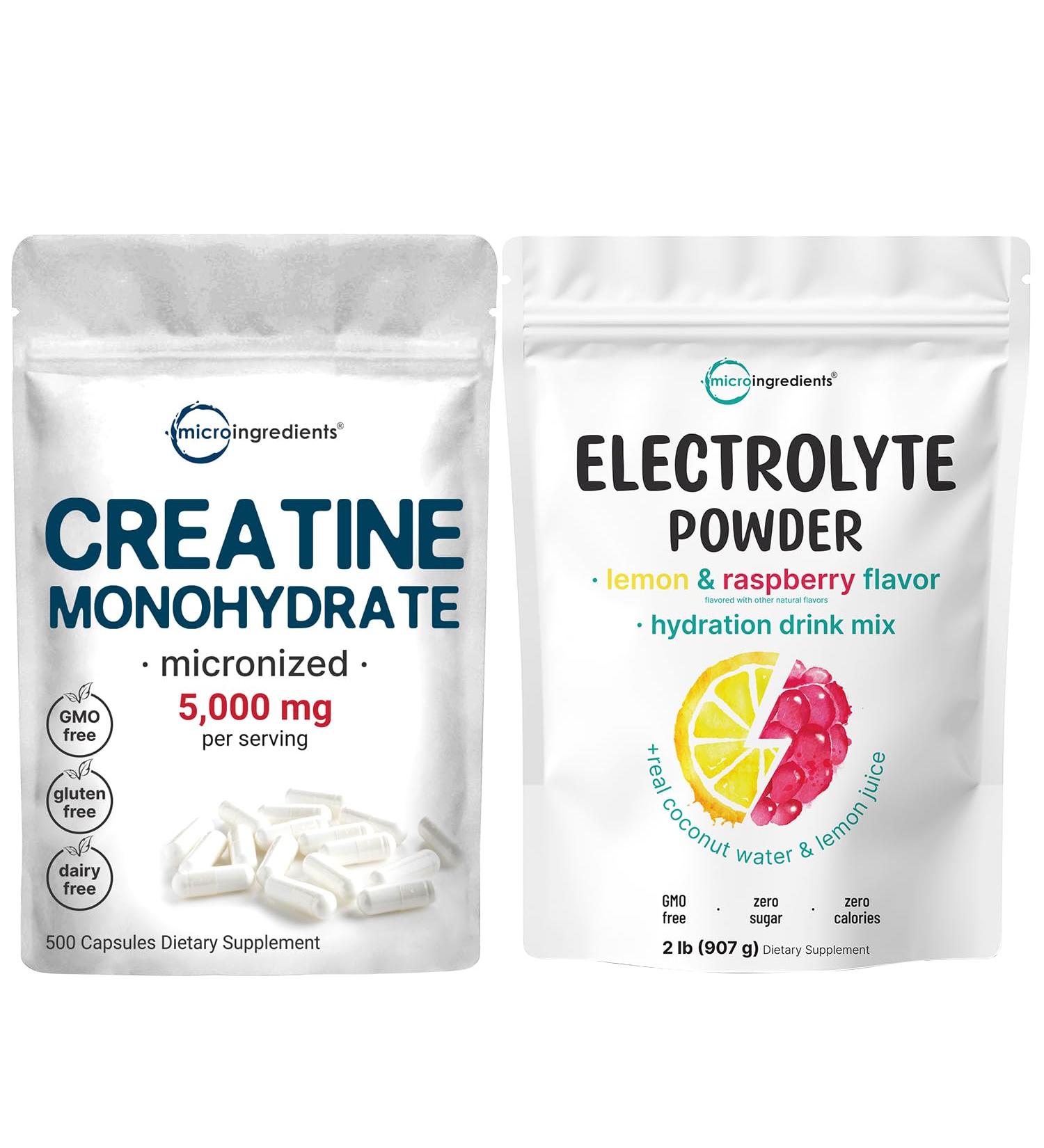 Micro Ingredients Hydration Electrolyte Powder & Creatine Monohydrate Capsules | 2 Pack Bundle | High Potassium 1 000mg + Lemon Raspberry Flavor | Micronized Creatine Pills + Easily Absorbed - Buy Online on GoSupps.com