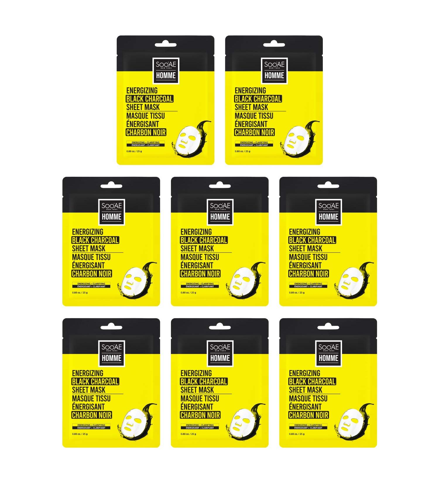 Soo AE Homme Energizing Black Charcoal Sheet Mask - 8 Count | Men's Skincare Pore Tightening & Moisturizing Facial Masks - Buy Online on GoSupps.com