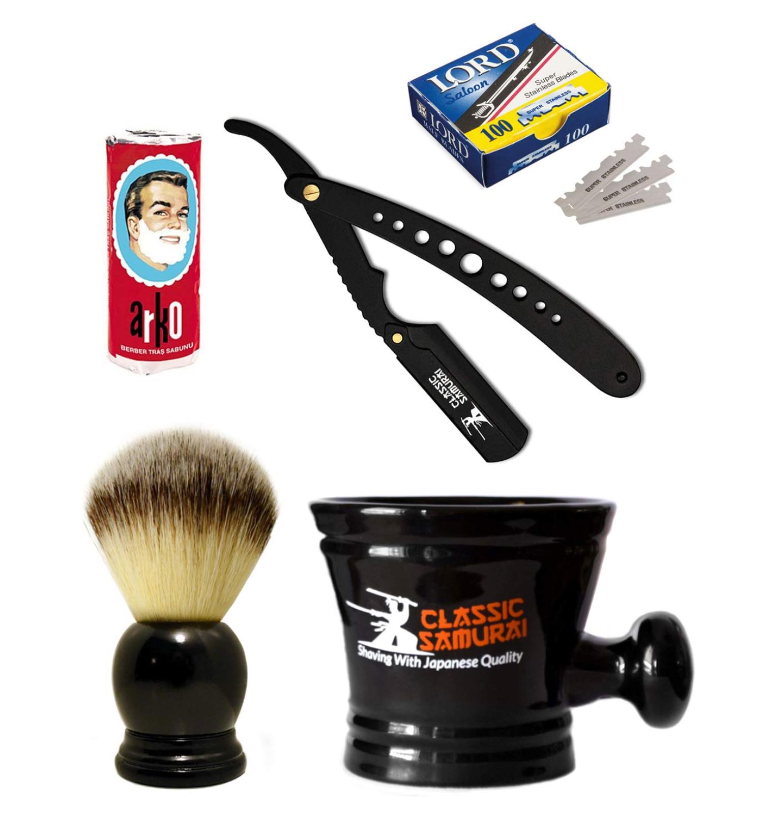 Classic Samurai Men's Shaving Gift Set | Matte Black Folding Straight Razor 100 Lord Blades Brush Soap & Mug - Perfect Gift for Shaving Enthusiasts - Buy Online on GoSupps.com