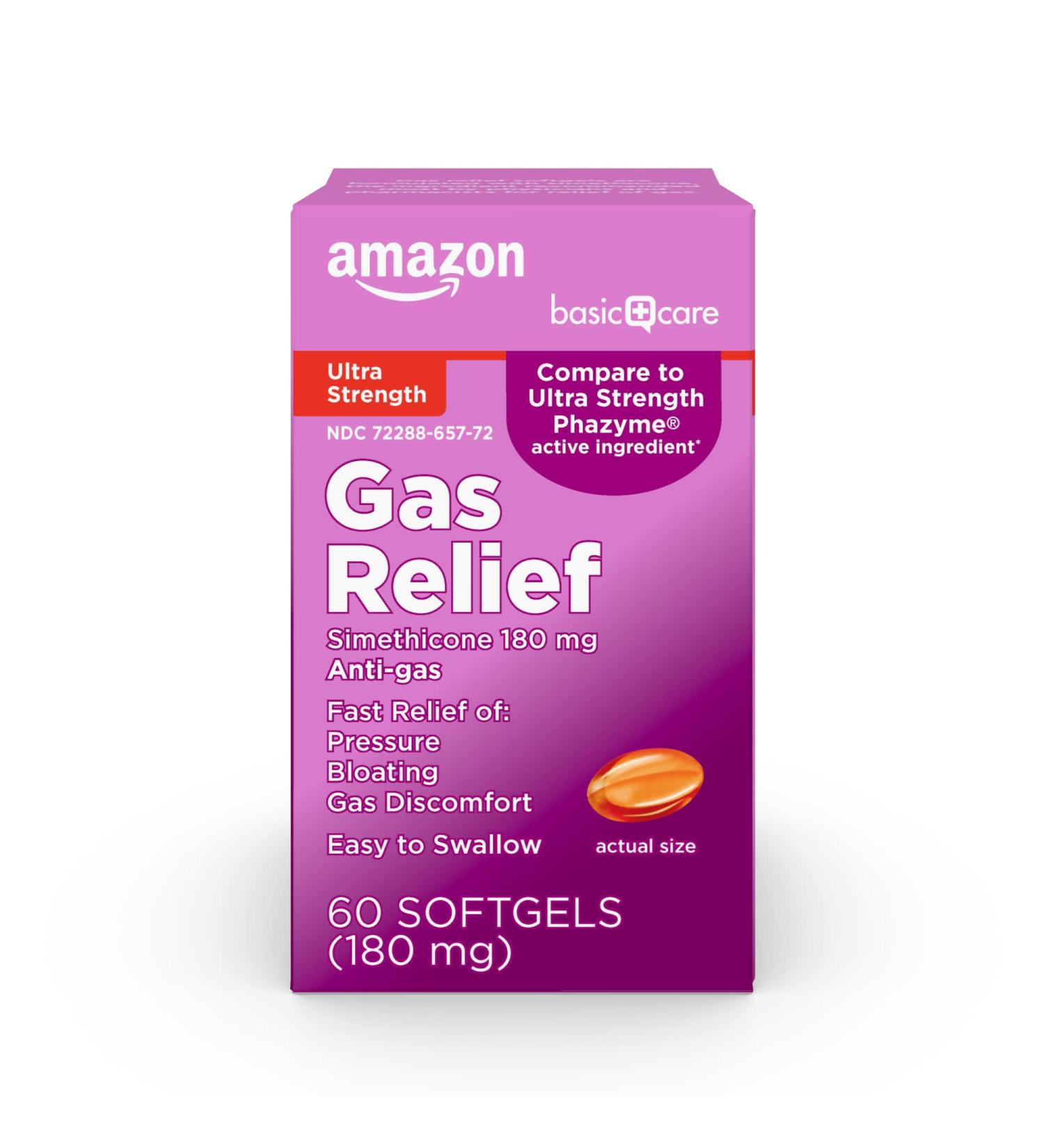 Amazon Basic Care Ultra Strength Gas Relief Softgels - 60 Count, Simethicone 180mg, Antigas Formula, Orange Flavor - Buy Online on GoSupps.com