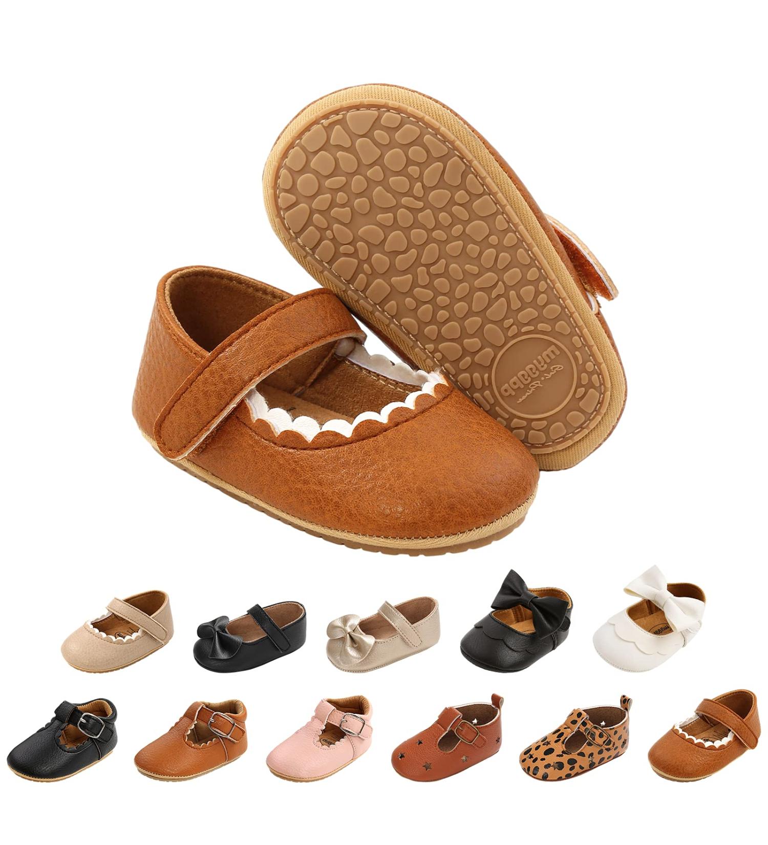 Baby Girls Mary Jane PU Leather First Walking Shoes | Anti-Slip Infant Princess Shoes (Size 0-6 Months) - Brown - Buy Online on GoSupps.com