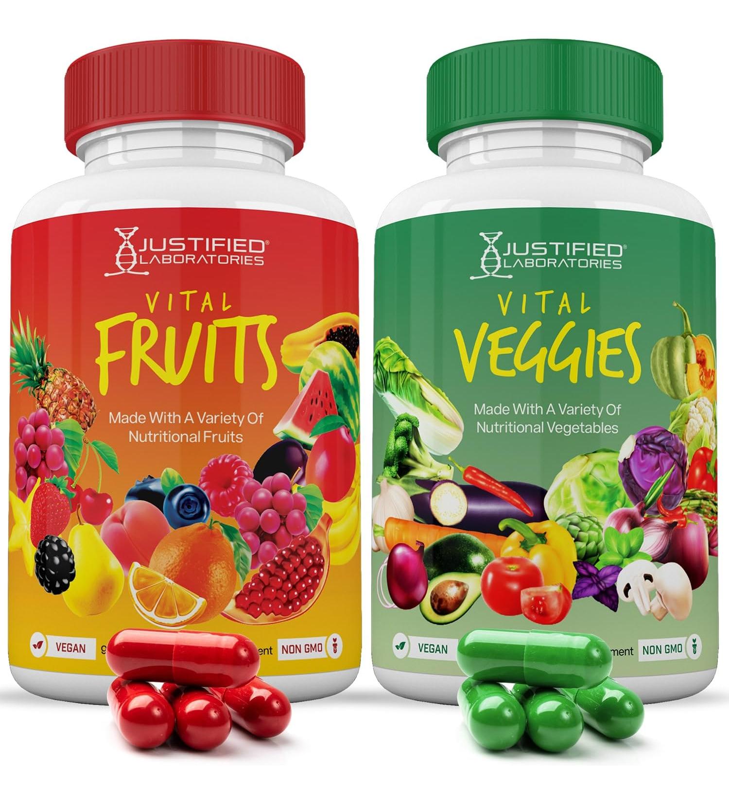 Buy Vital Fruits and Veggies Supplement - 2 Bottles Red & Green Superfoods Non-GMO Vegan 180 Veggie Capsules - Gut Health Immune Support - Buy Online on GoSupps.com