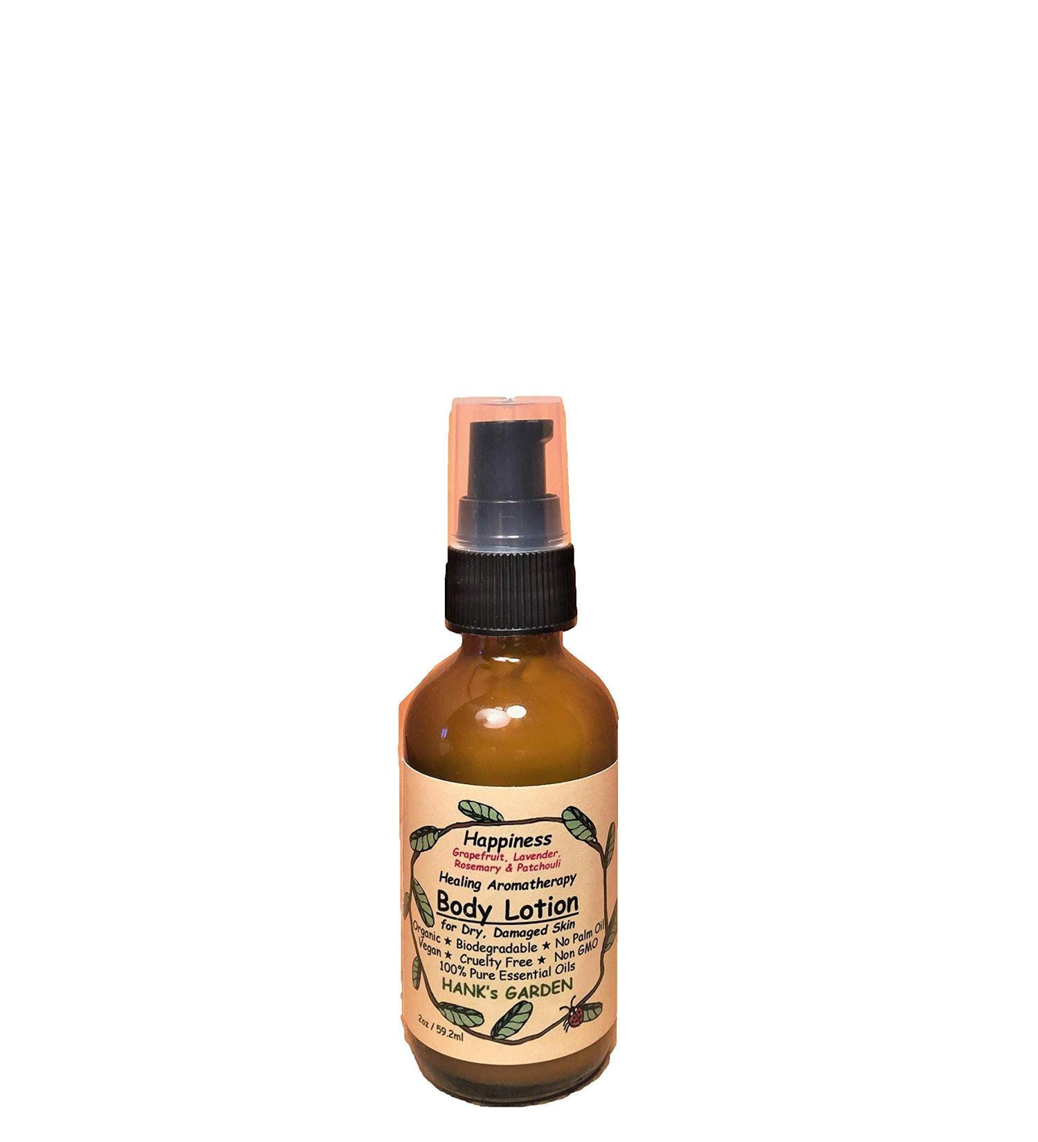 Hank's Garden HAPPINESS Healing Body Lotion Moisturizer for Dry Damaged Skin - Grapefruit Lavender Rosemary & Patchouli Essential Oils - Organic Vegan Non GMO No Palm Oil (2 oz / 59 2 ml)