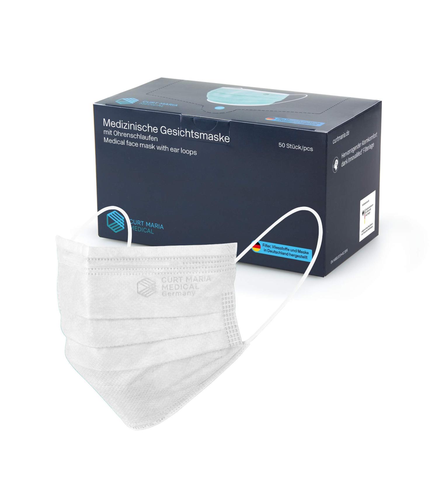 Dustpirate Curt Maria Medical Face Masks - 50 Pieces 3-Layer Disposable Mouth Protection Made in Germany - Ear Loop Design White - Buy Online on GoSupps.com