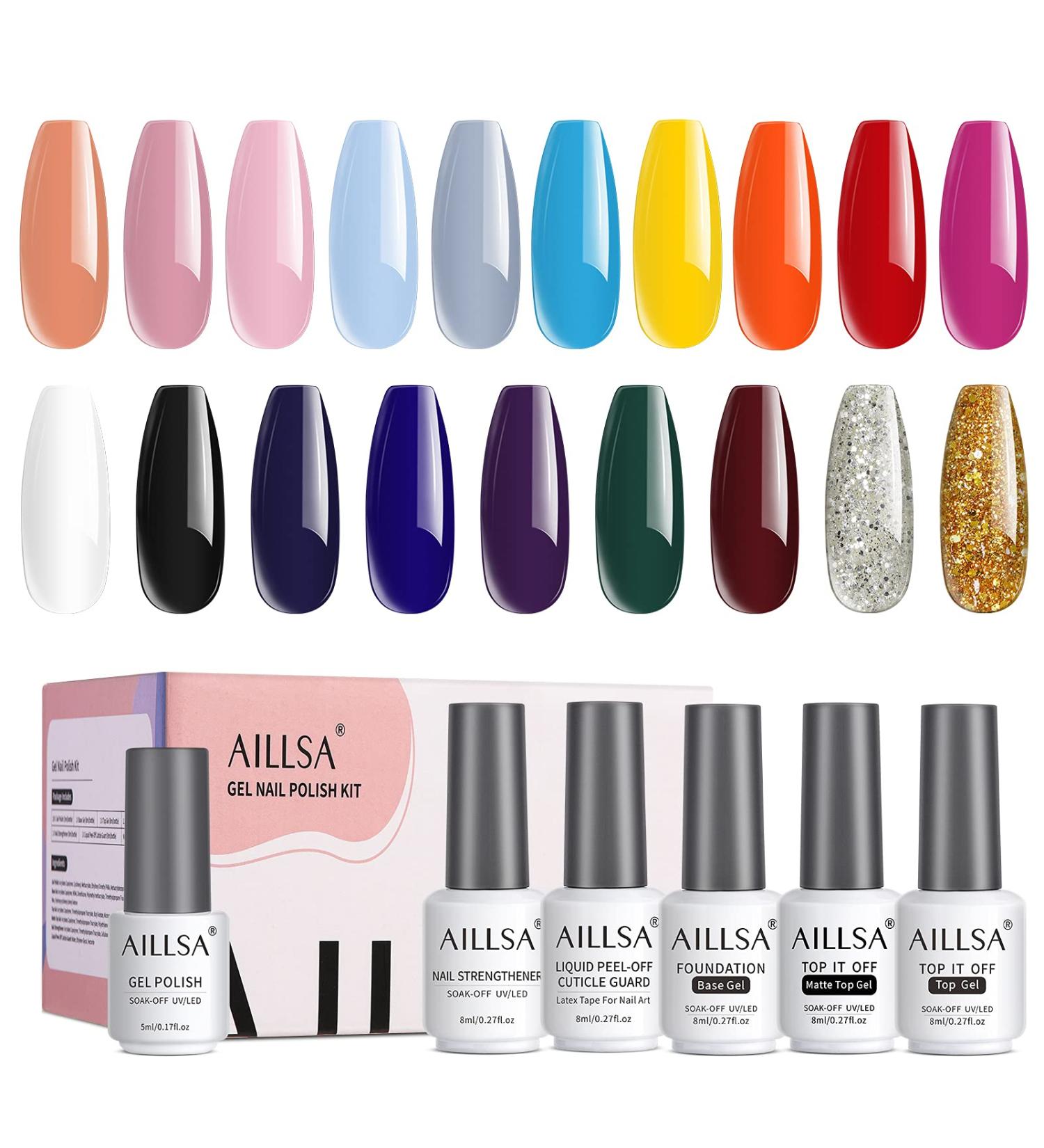 AILLSA Gel Nail Polish Set - 24 Pcs Candy Colors Spring Summer Kit with Glossy/Matte Top Coat, Rainbow Orange Pink Glitter Soak Off UV Gel Polish Set - Perfect Mother's Day Gift - Buy Online on GoSupps.com
