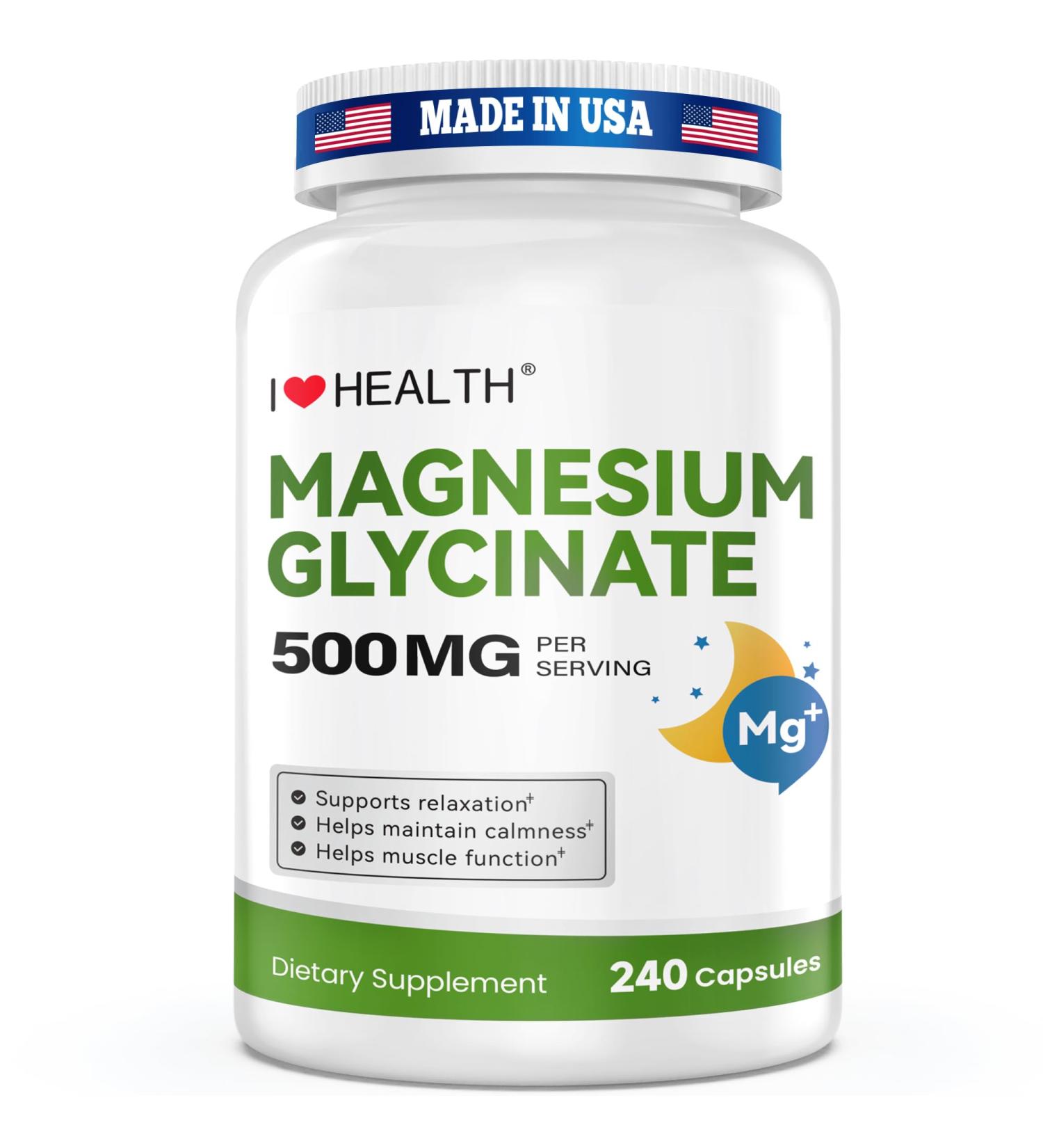 Magnesium Glycinate 500mg per Capsule 240 Capsules High Absorption Magnesium Supplement for Relaxation Calmness & Muscle Support Gentle on Stomach Made in USA - Buy Online on GoSupps.com