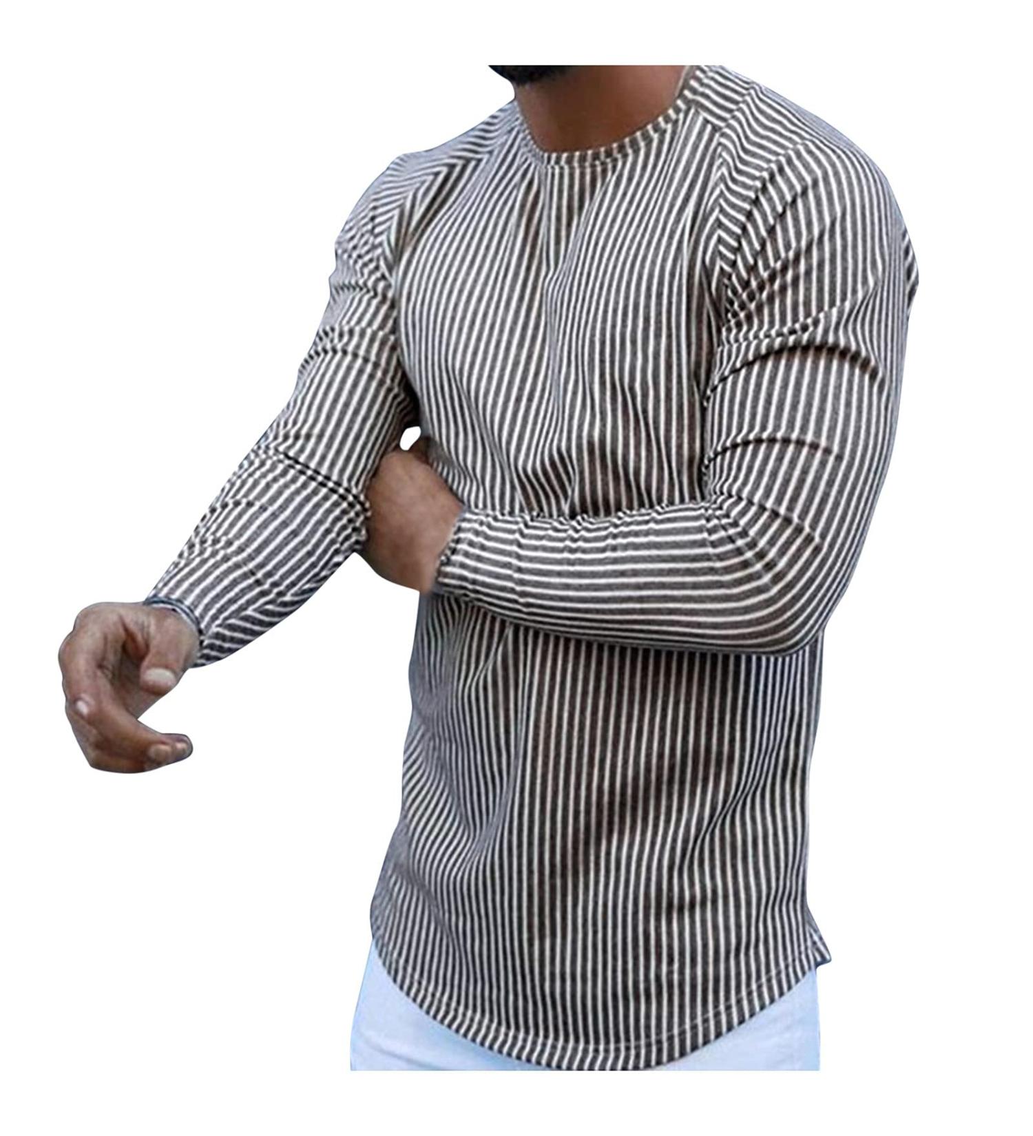 Long Sleeve Urban Striped T-Shirt for Men - Slim Fit Crewneck Pullover in Medium Coffee - Buy Online on GoSupps.com