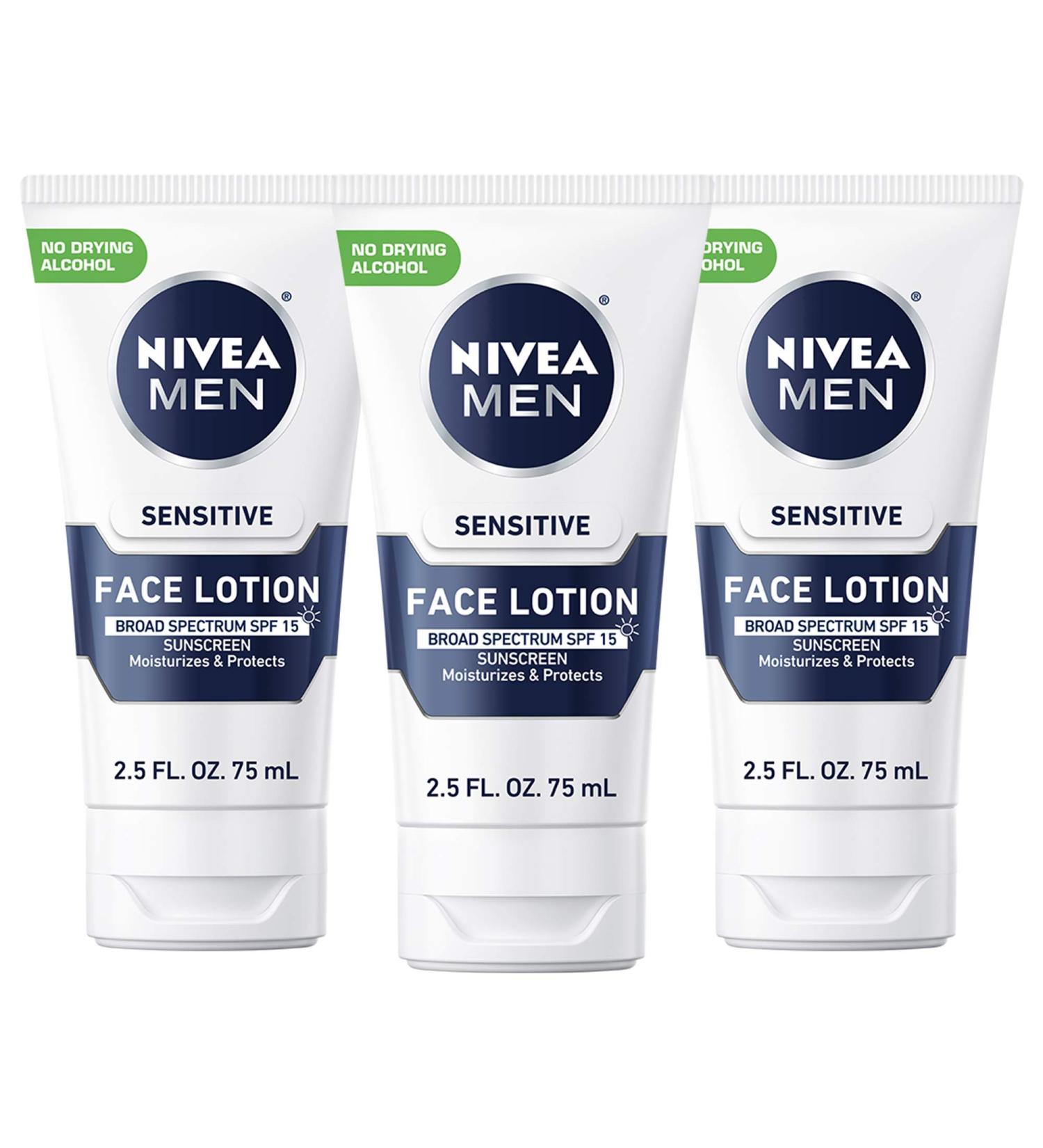 NIVEA MEN Sensitive Face Lotion SPF 15 Broad Spectrum Sunscreen 3 Pack - 2.5 Fl Oz Tubes - Buy Online on GoSupps.com