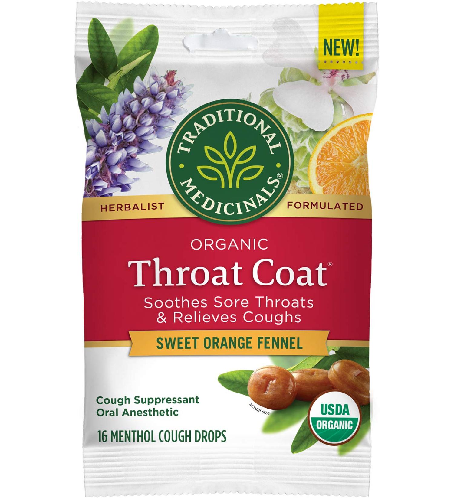 Traditional Medicinals Organic Throat Coat Drops Sweet Orange Fennel 16 Menthol Cough Drops