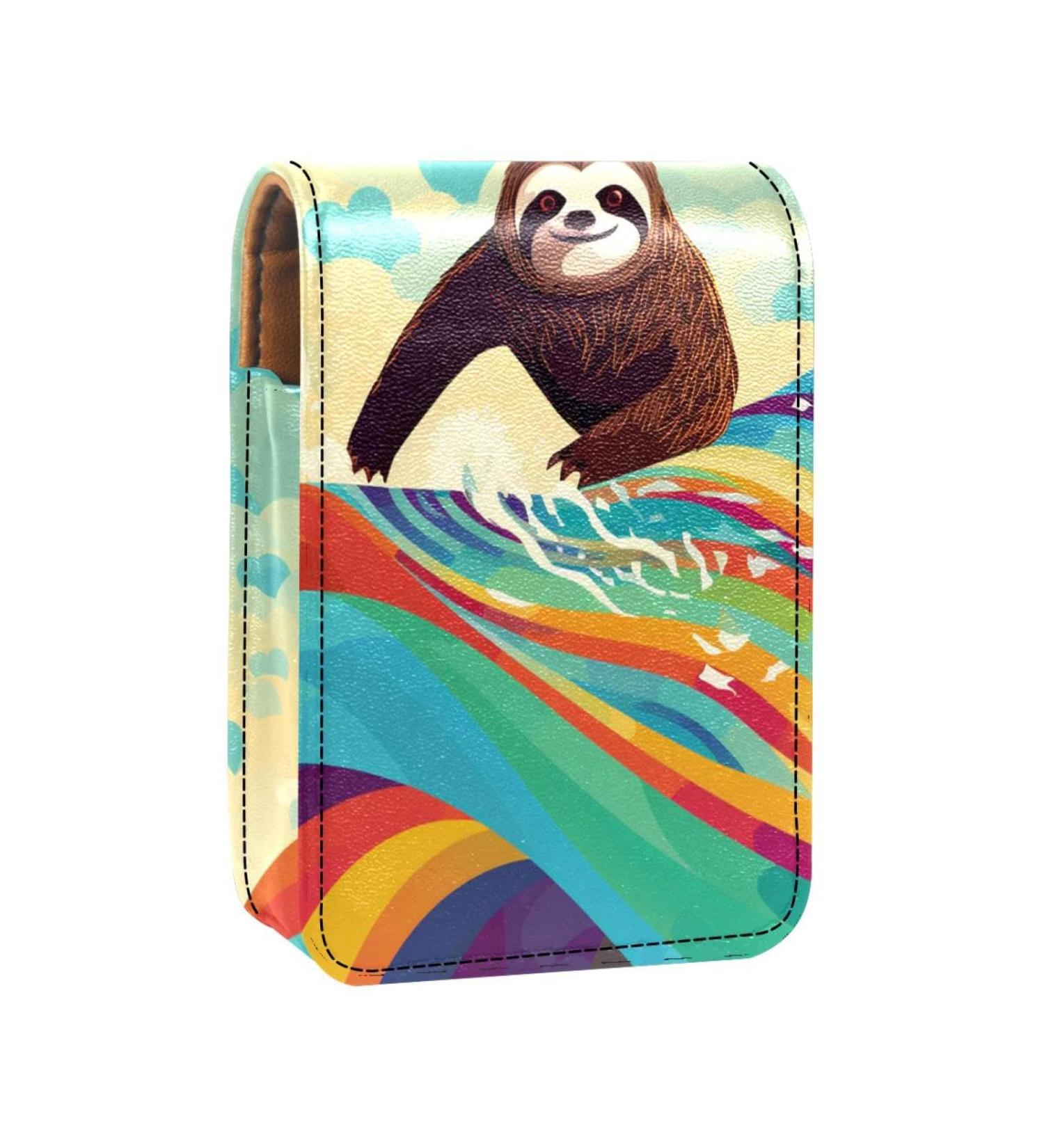 Travel Lipstick Organizer Case - Portable Makeup Bag with Mirror | Abstract Wave Sloth Surfing Design - International Shipping Available - Buy Online on GoSupps.com
