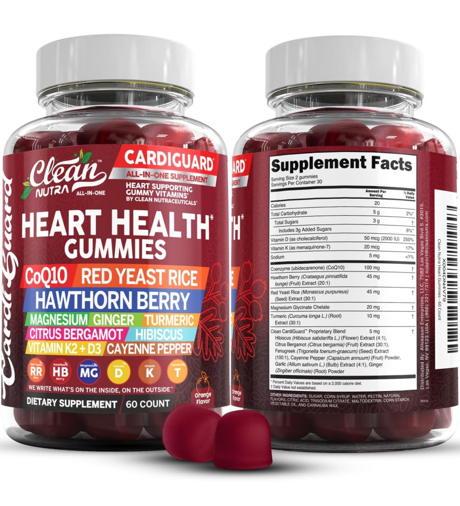 Clean Nutraceuticals Coq10 Gummies | Red Yeast Rice Hawthorn Berry Ginger Turmeric Citrus Bergamot Hibiscus Vitamin K2+D3 Magnesium Glycinate Cayenne Pepper Fenugreek Orange Flavor CardiGuard - Buy Online on GoSupps.com