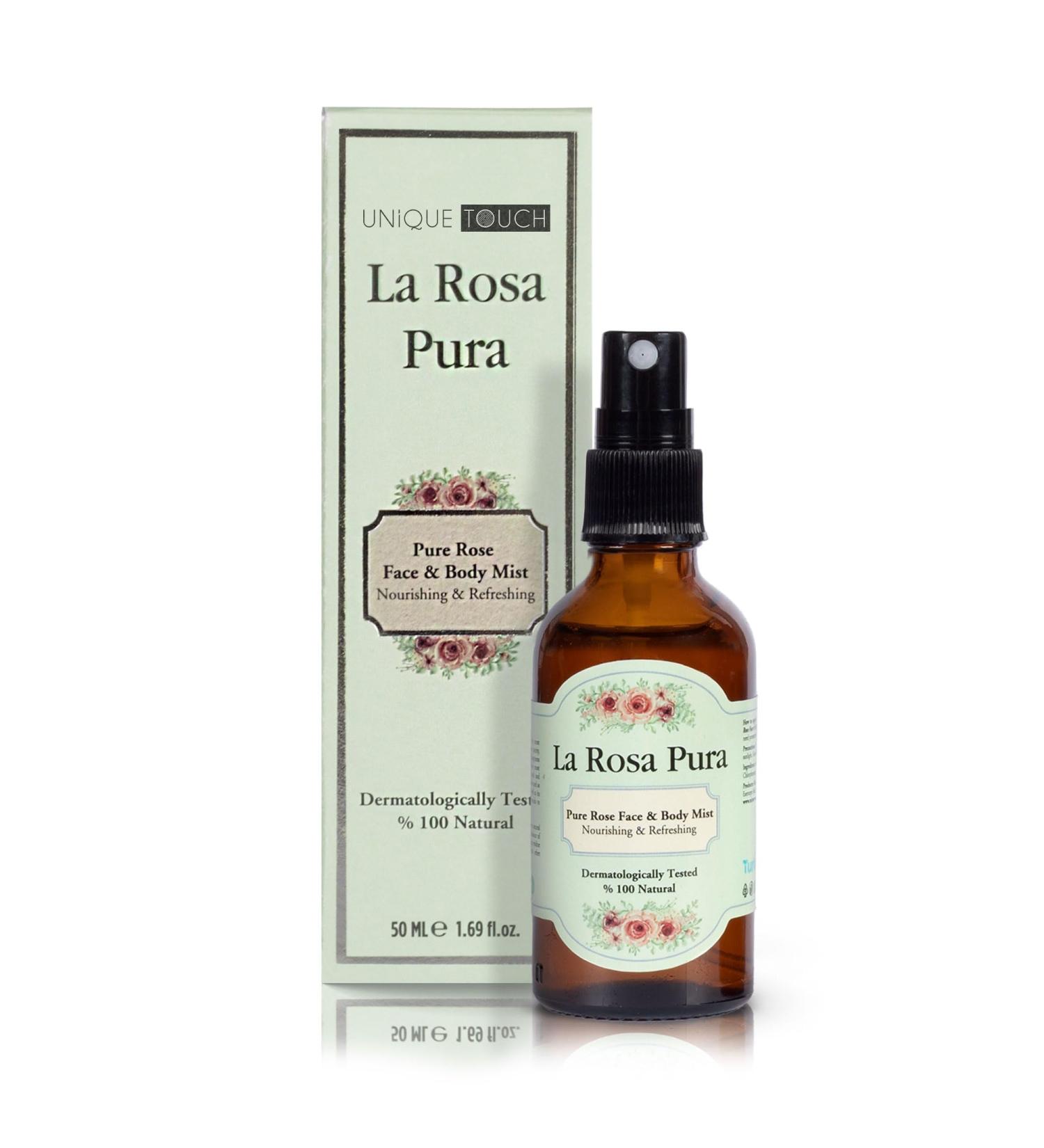 Unique Touch La Rosa Pura Pure Rose Water Face and Body Mist Gently Cleanses Softens and Revitalizes Skin for All Skin Types - Refreshing Soothing & Hydrating Formula 50ml - Buy Online on GoSupps.com