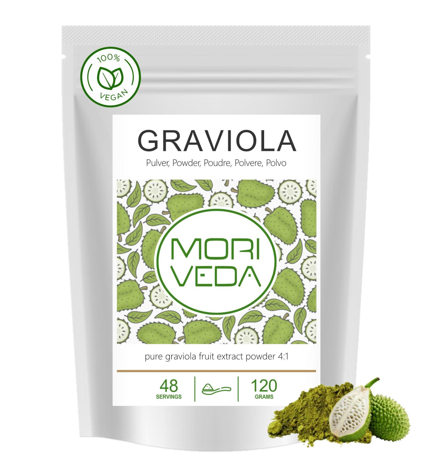Amtec MoriVeda Graviola Powder Extract 100 natural graviola fruit extract rich in vitamins and antioxidants premium quality graviola vegan and glutenfree 1 x 120 g - Buy Online on GoSupps.com